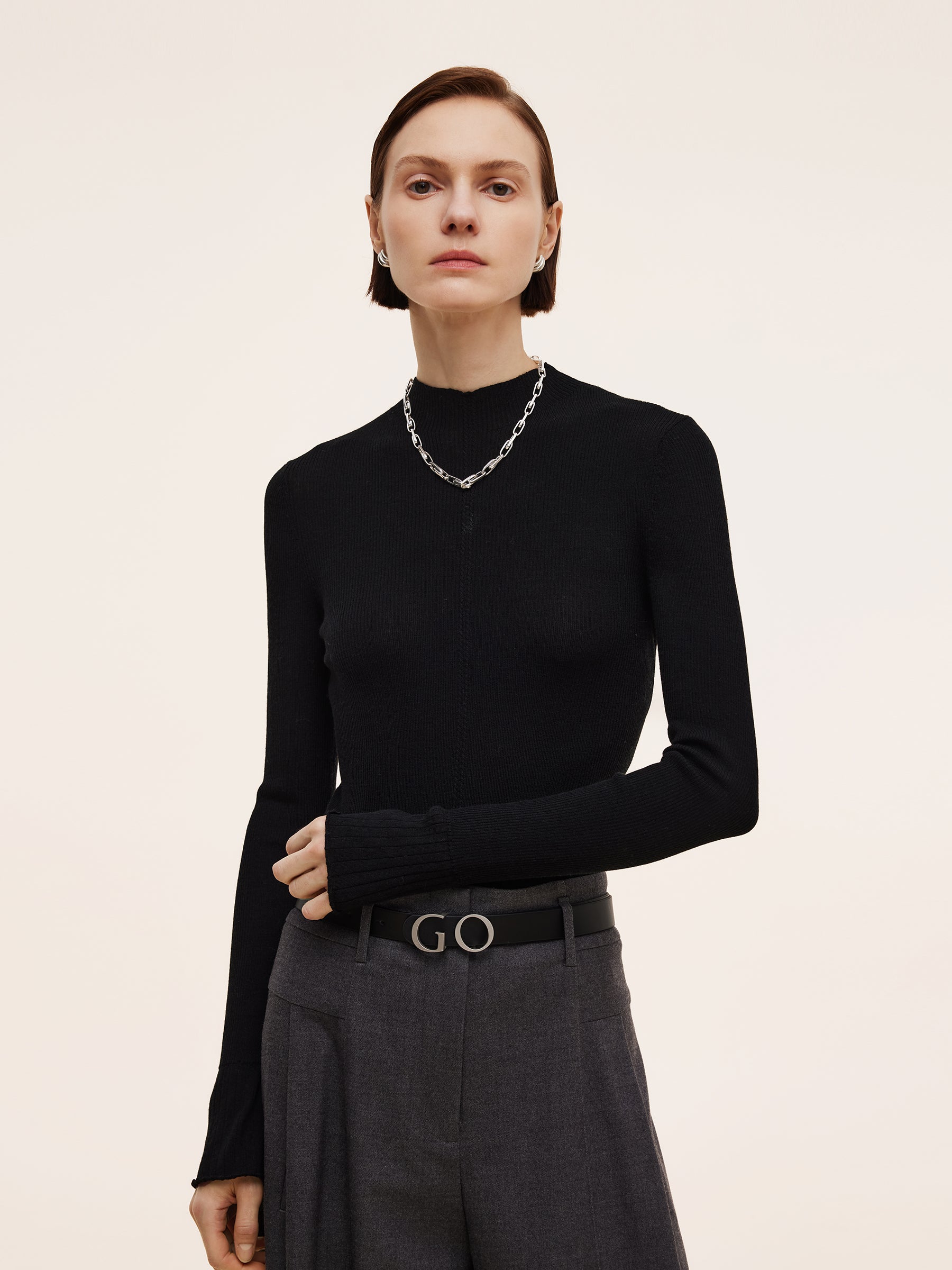 100% Machine Washable Wool Mock Neck Women Knit Top