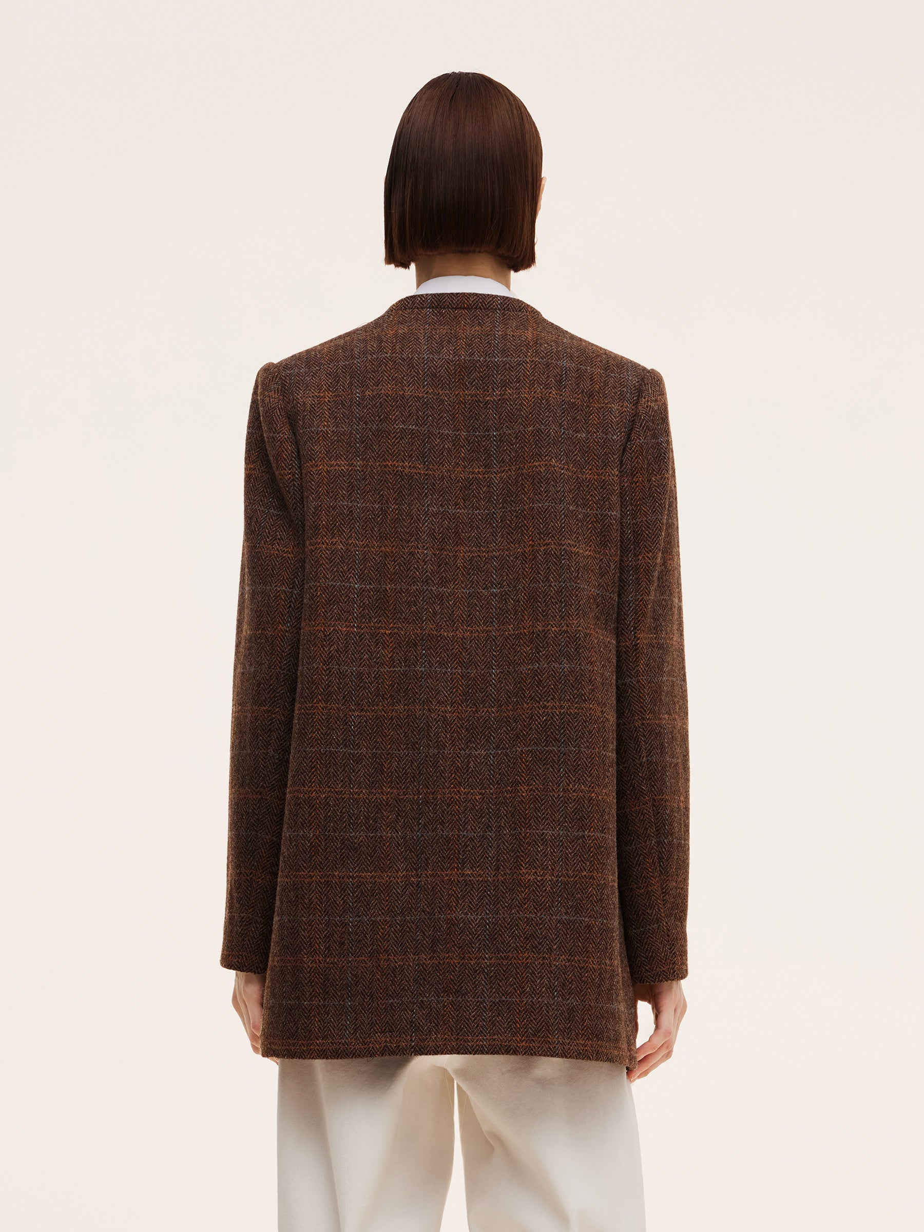 100% Wool Plaid Collarless Women Blazer