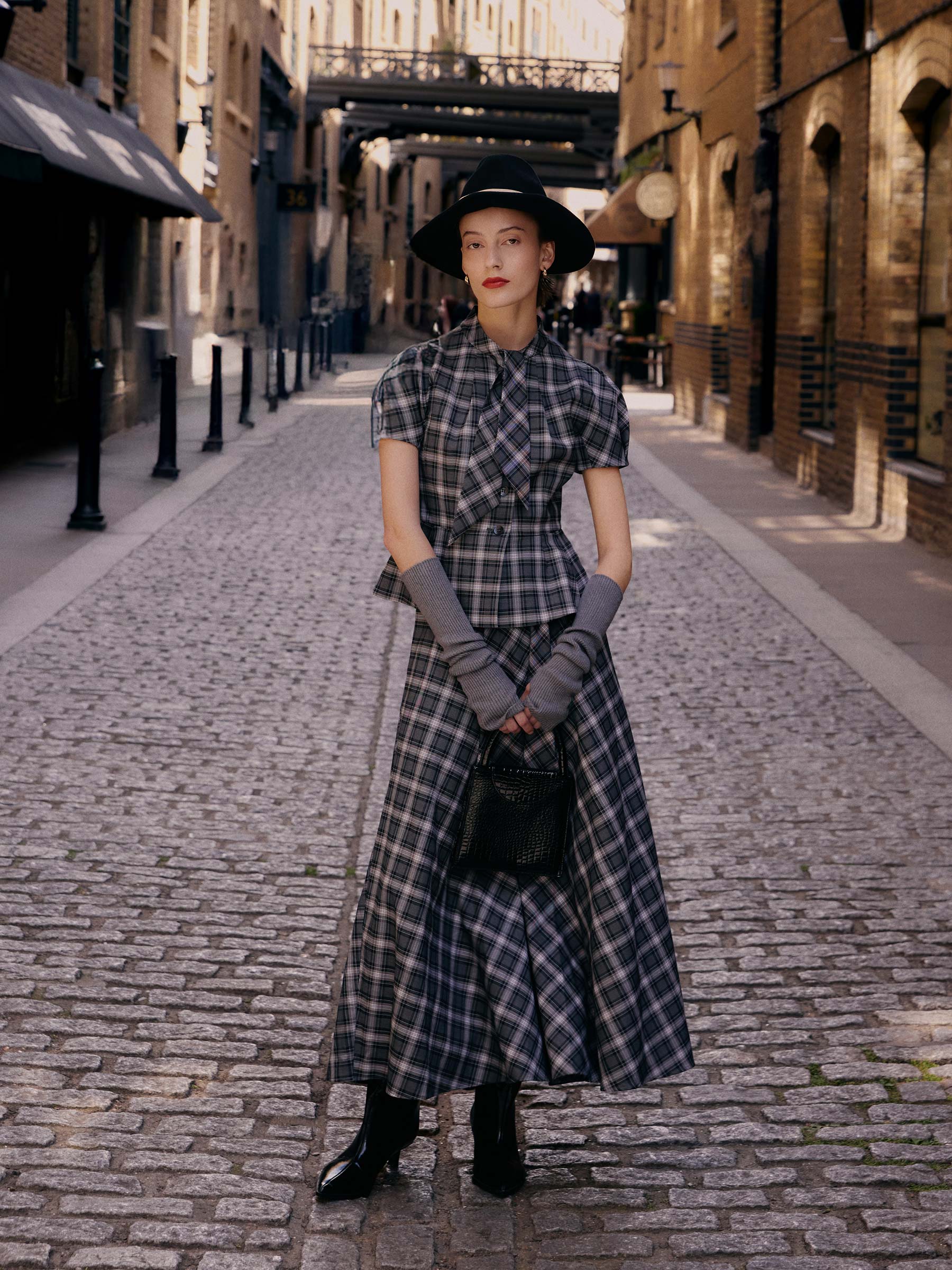 Plaid Ribbon Tie Women Flare Hem Top