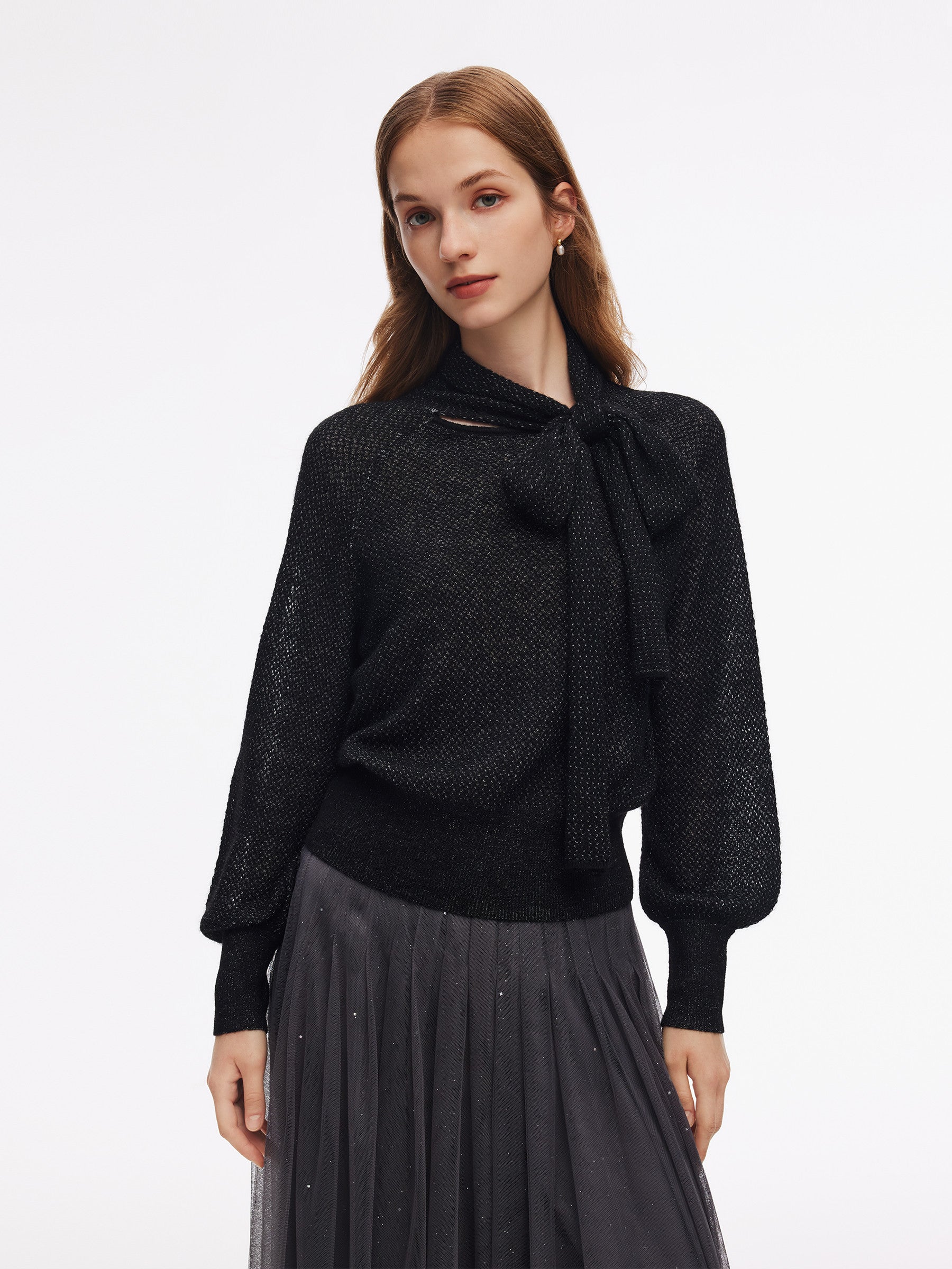 Tie Front Balloon Sleeve Women Knit Top