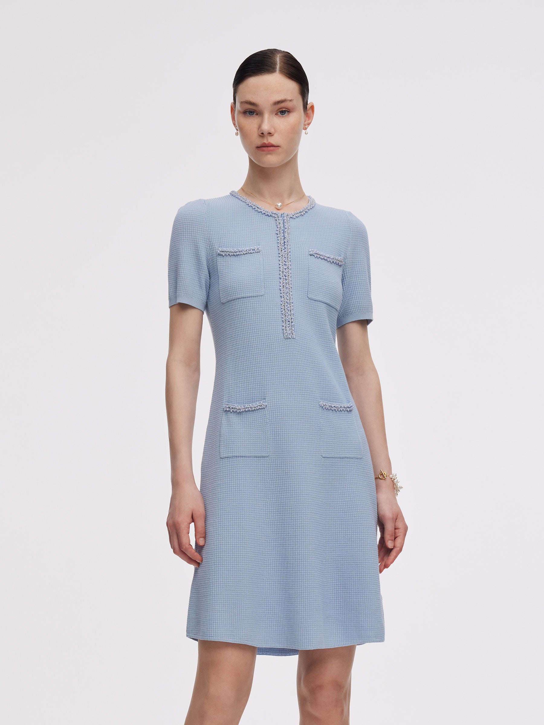 100% Cotton Half-Zip Women Beaded Round Neck Mini Dress