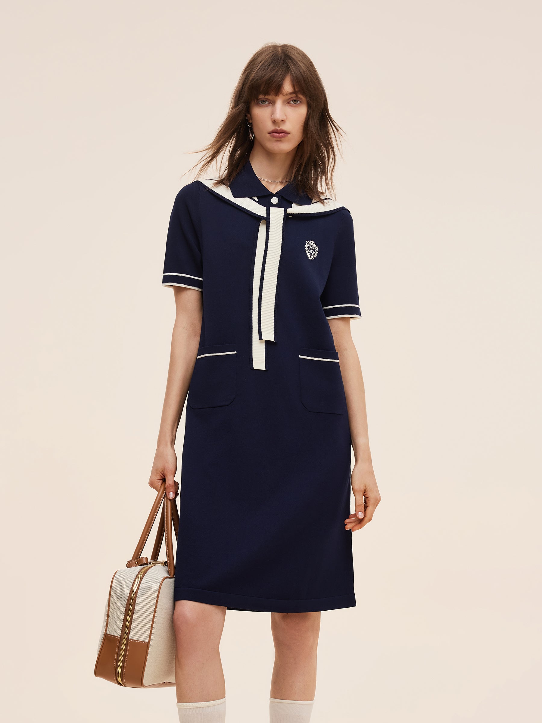 Tencel Blend Women Knit Mini Dress With Detachable Sailor Collar