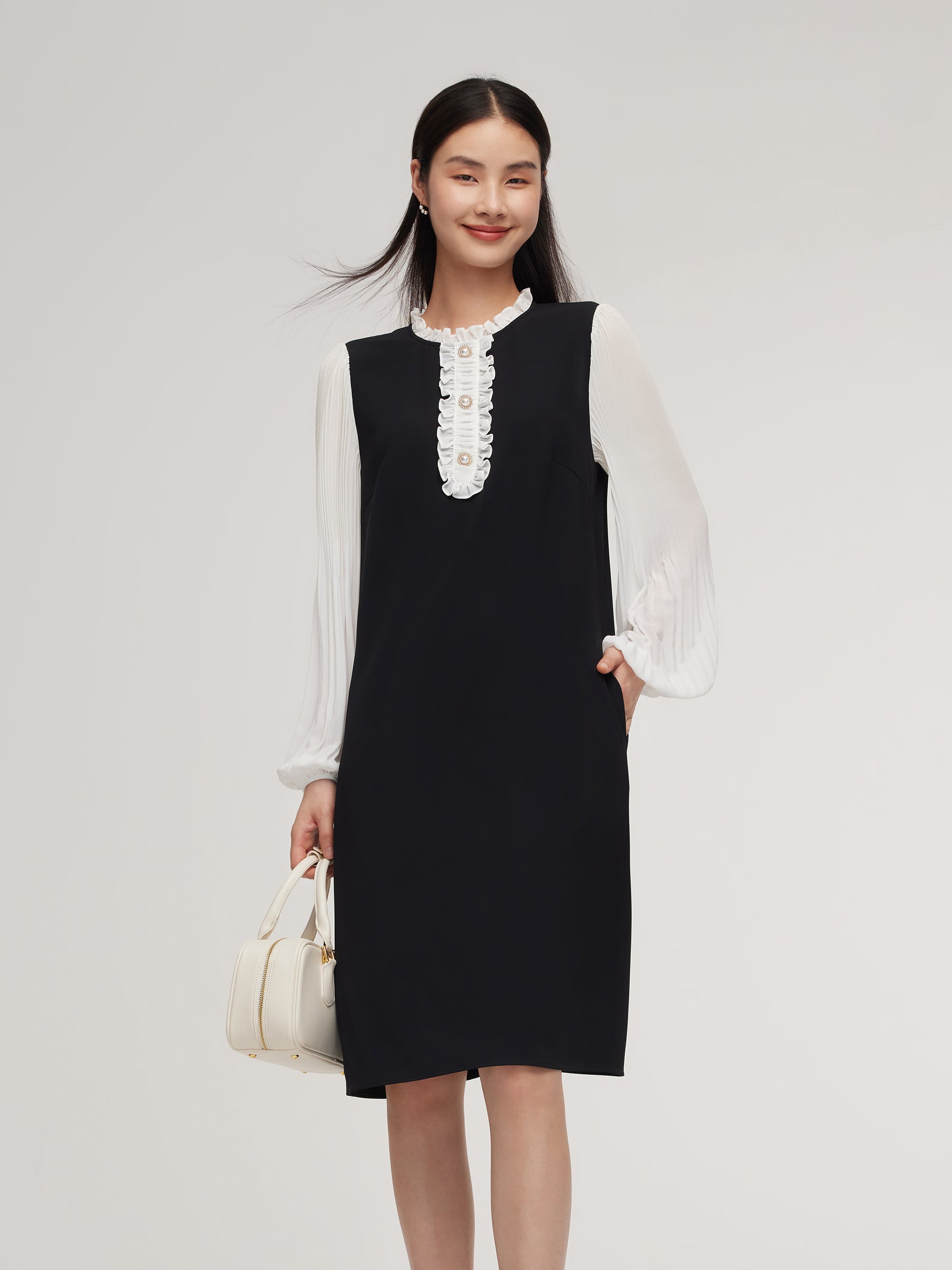 Patchwork Ruffle Collar Pleated Sleeve Women Mini Dress