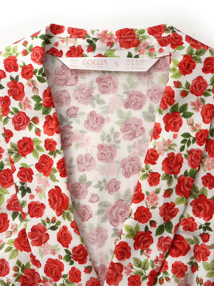 Rose Print Wrapped Ruffle Women Mini Dress