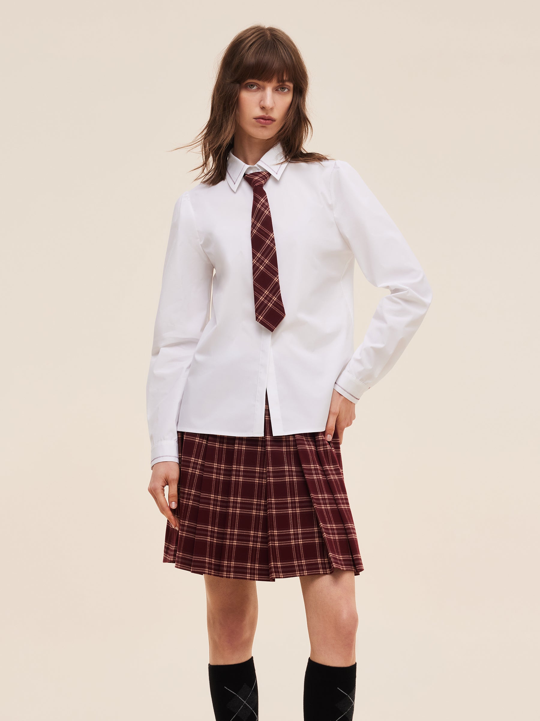 Embroidered Collar Women Shirt With Detachable Plaid Tie