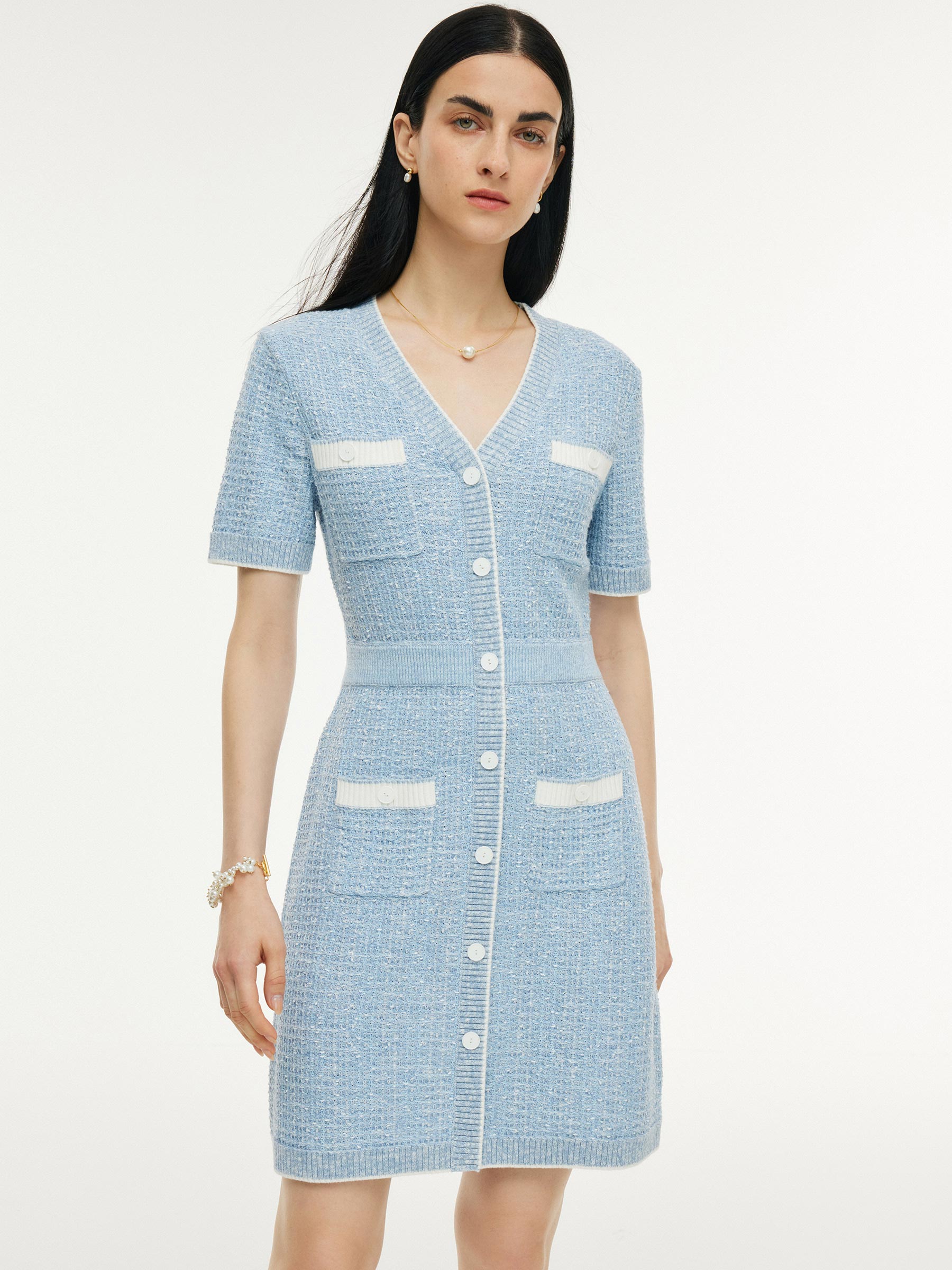 V-Neck Gathered Waist Women Knit Mini Dress