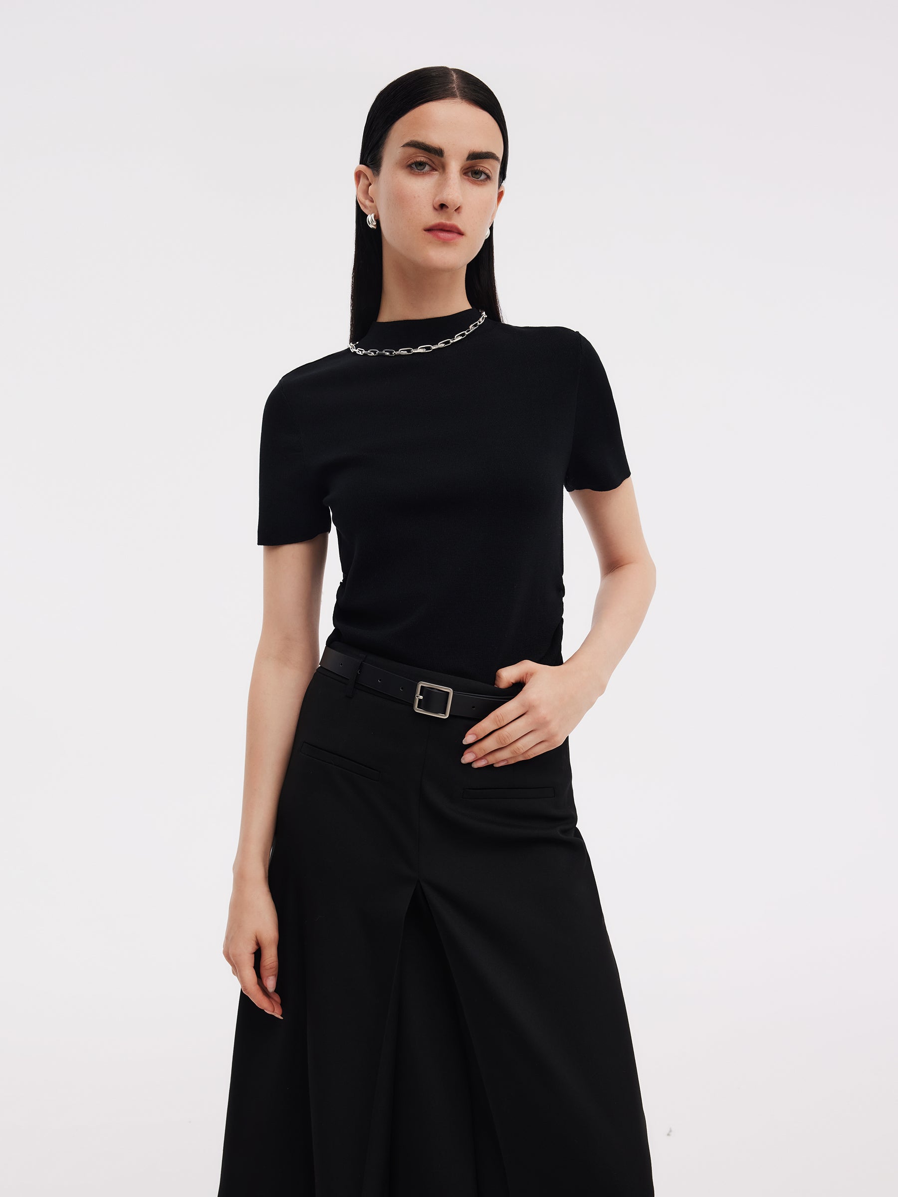 Tencel Acetate Blend Women Side Pleat Knit Top