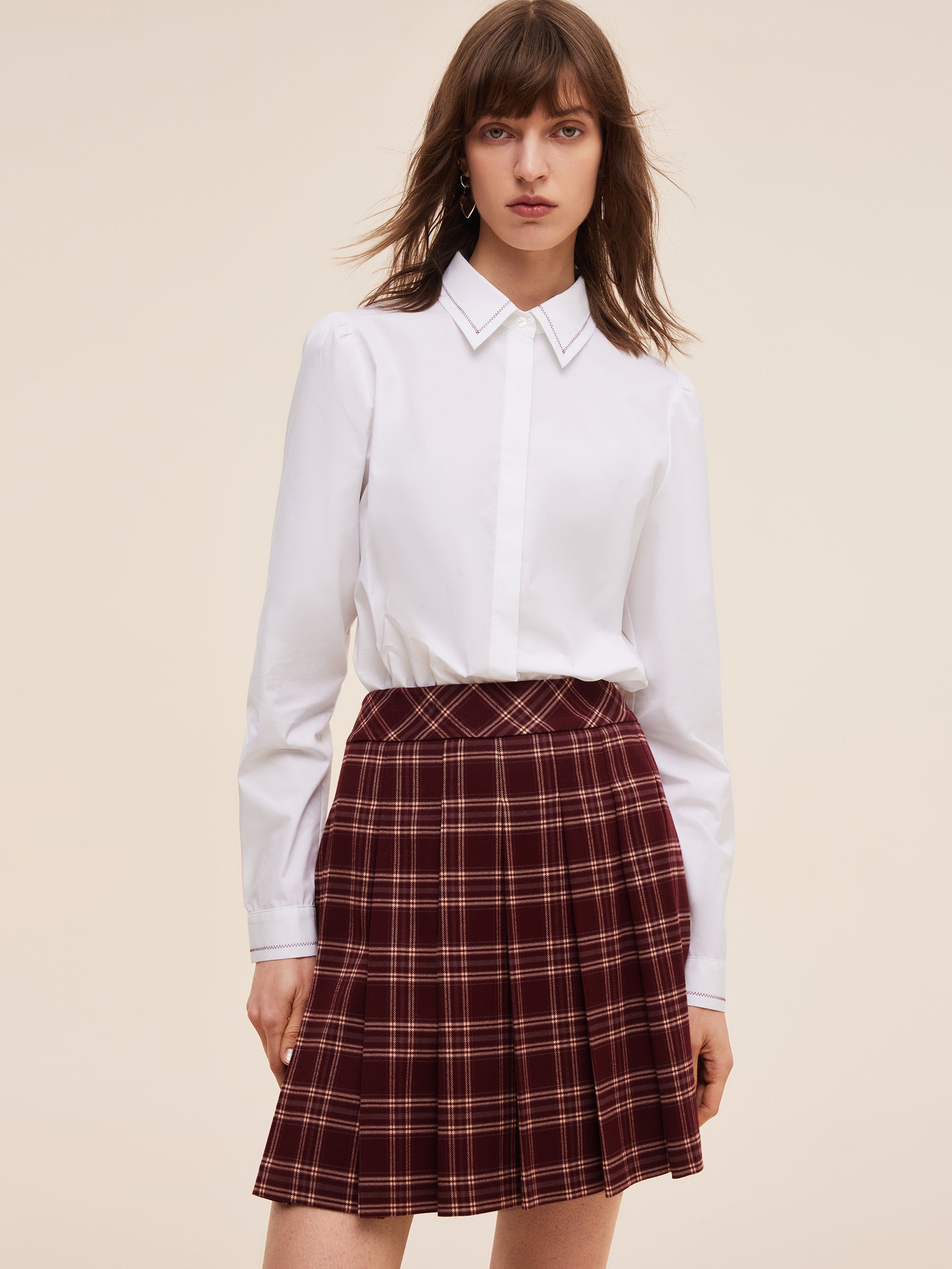 Embroidered Collar Women Shirt With Detachable Plaid Tie