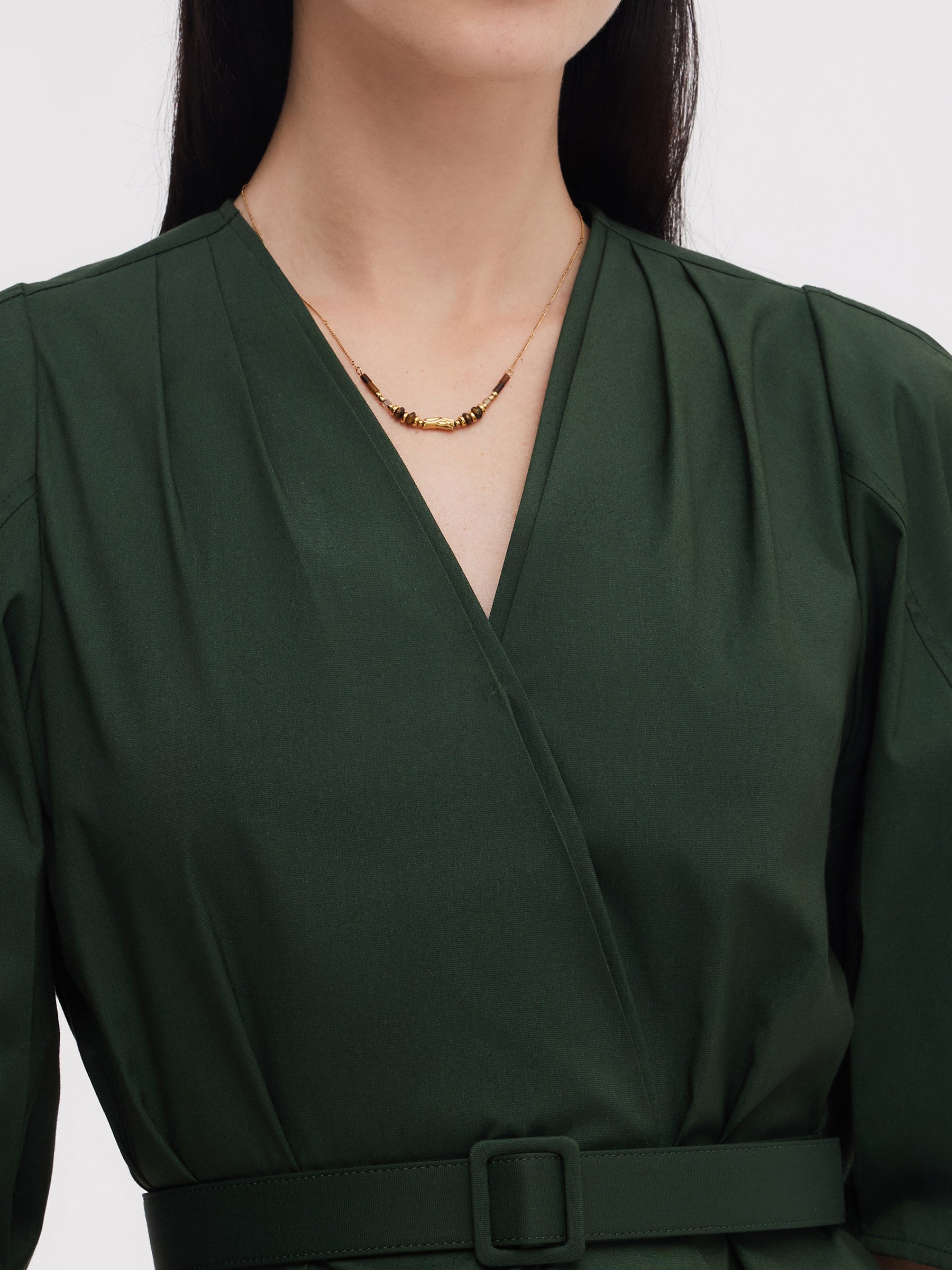 Dark Green V-Neck Women Blouse With Belt