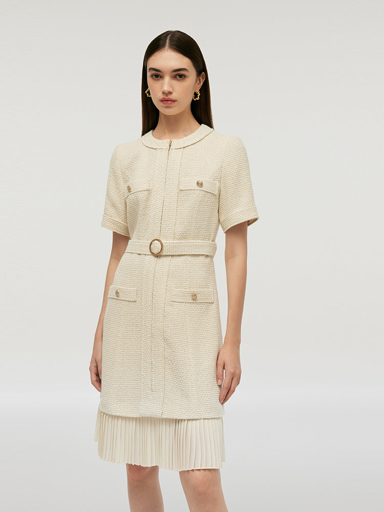 Wool Blend Tweed Women Mini Dress With Belt