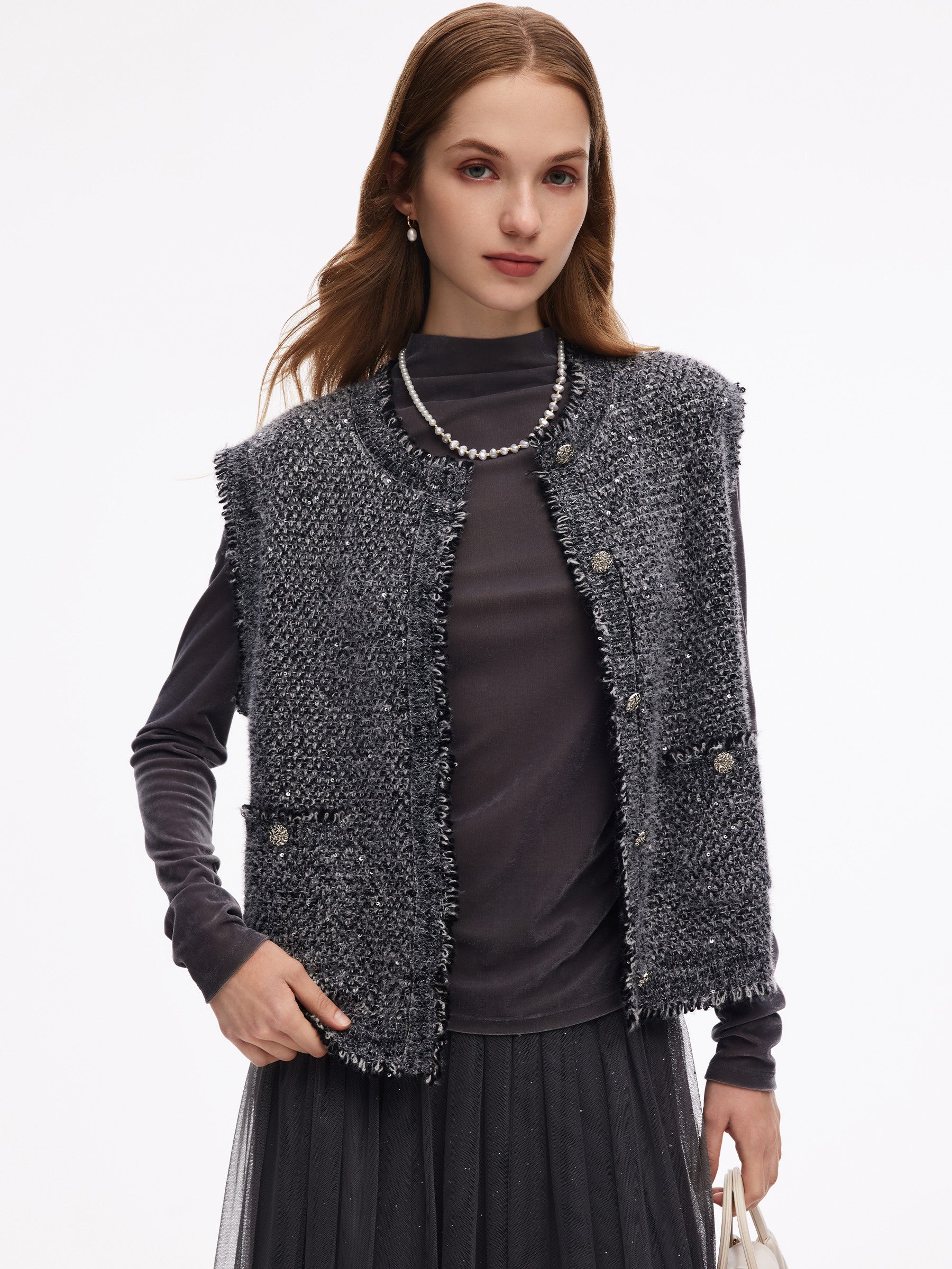 Frayed Trim Sequins Women Vest