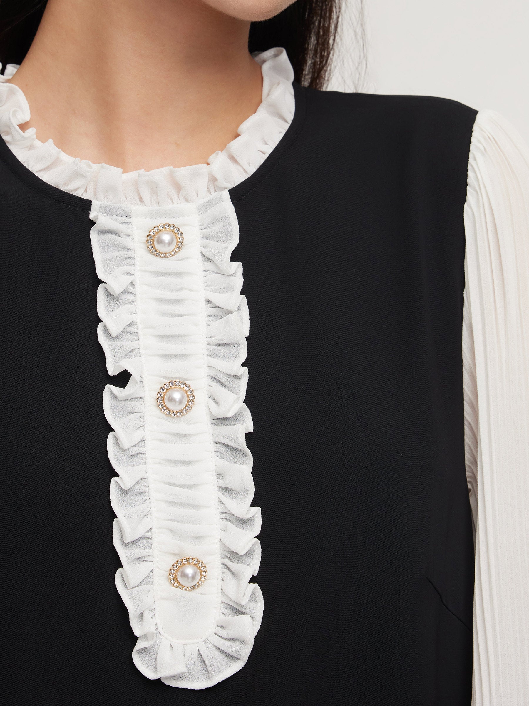 Patchwork Ruffle Collar Pleated Sleeve Women Mini Dress