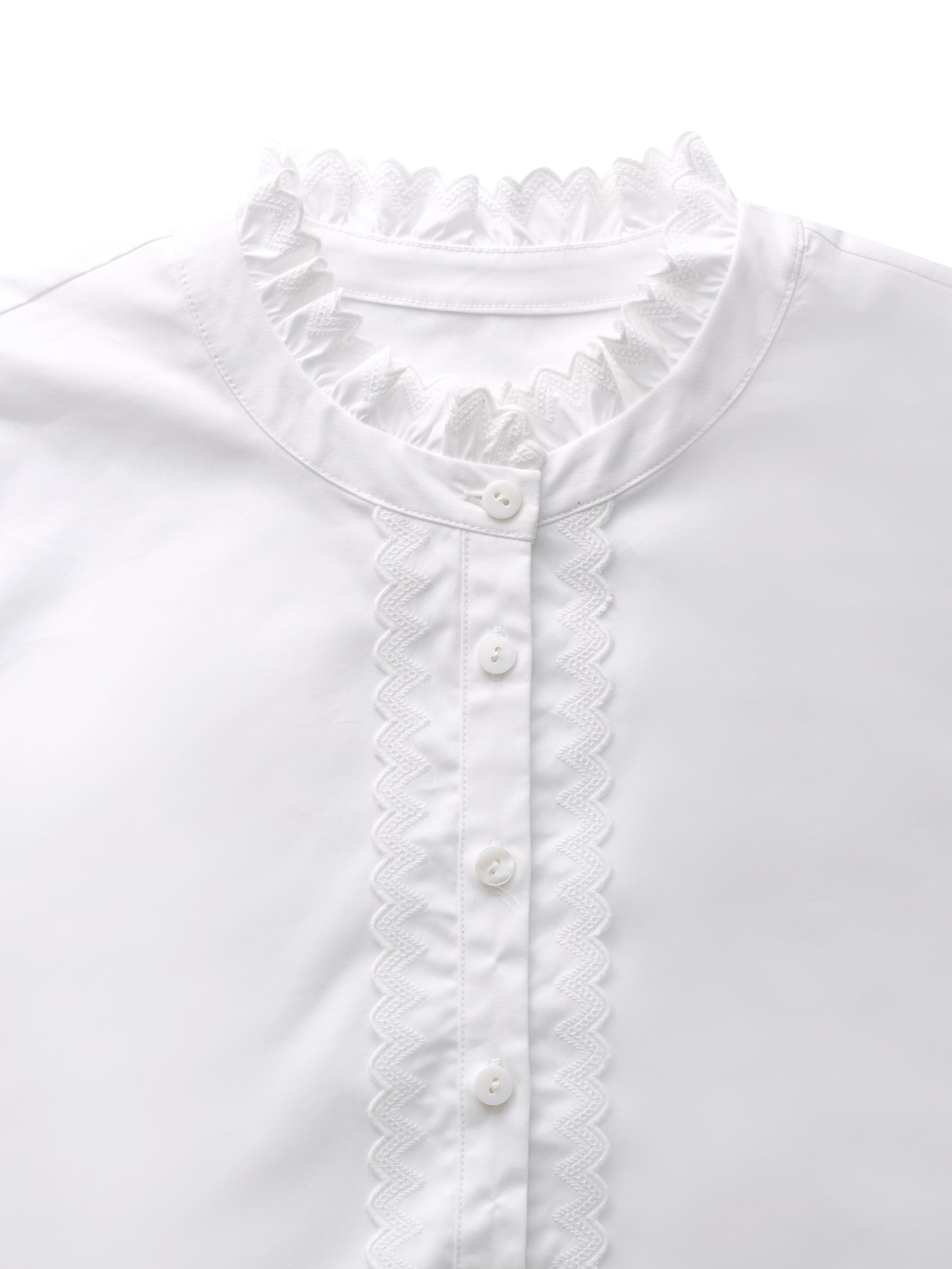 Ruffle Collar Embroidered Placket Women Shirt