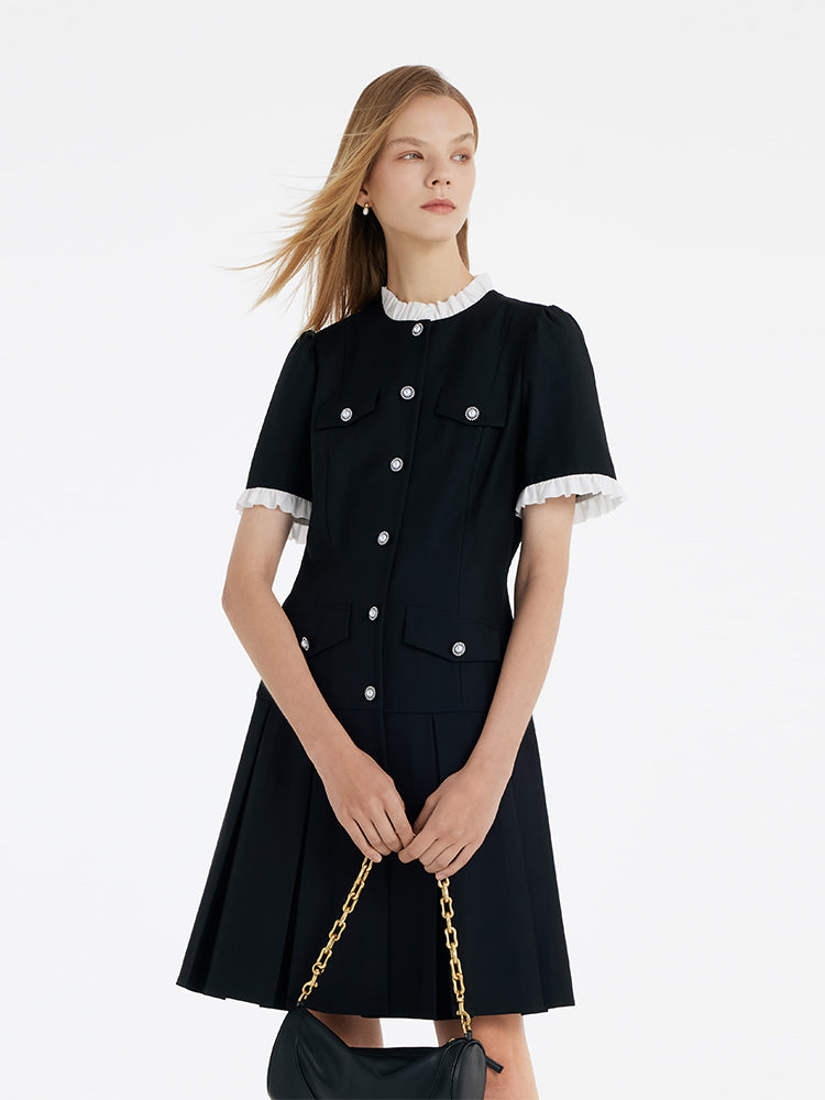 Ruffle Trim Pearl Buttons Women Mini Dress