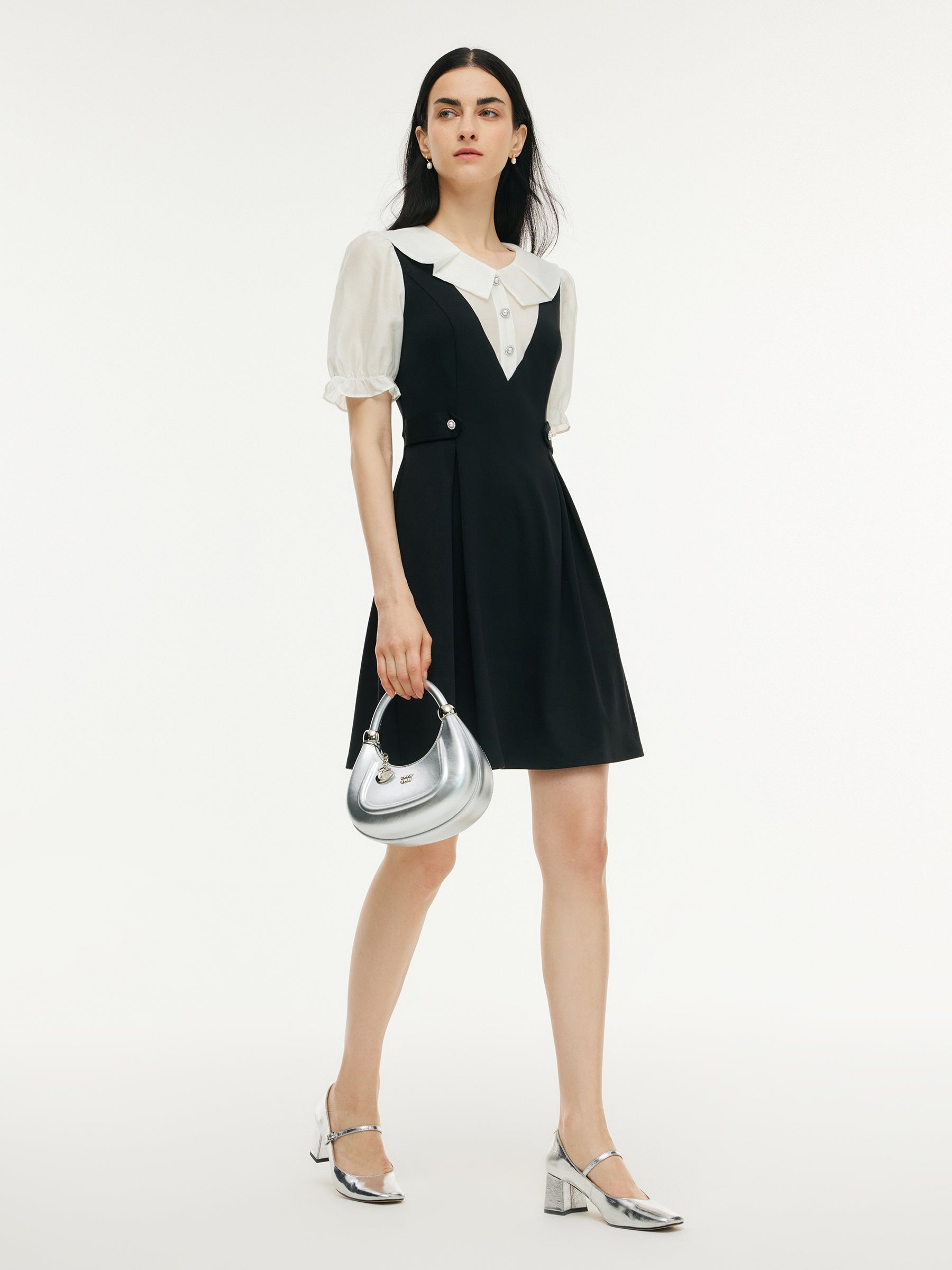 Faux Two-Piece A-Line Women Puff Sleeve Knit Mini Dress