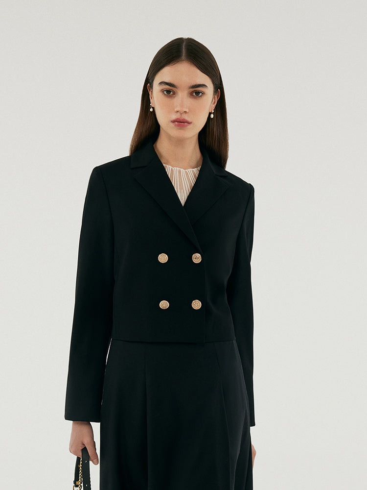 Worsted Woolen Crop Blazer With Detachable Sleeve