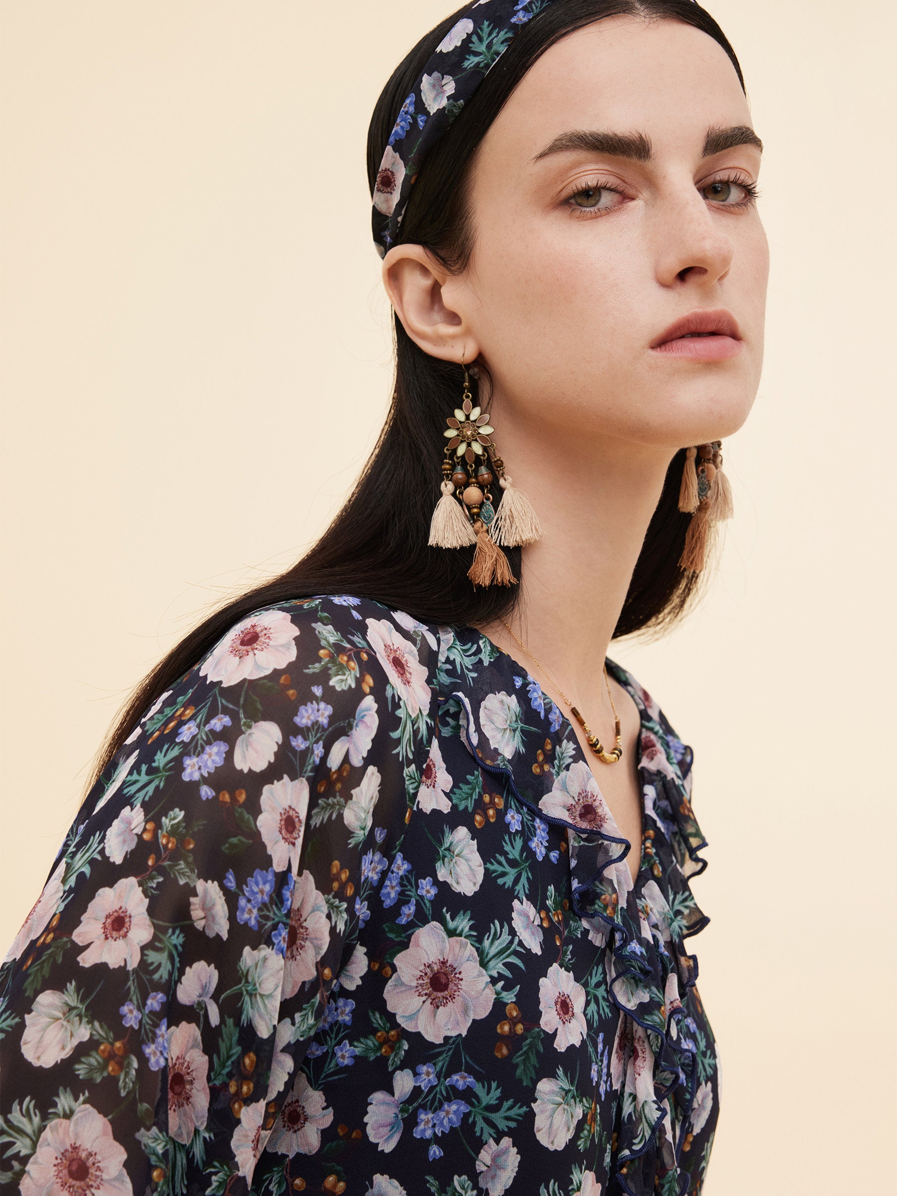 10MM Mulberry Silk Floral Print Women Ruffle V-Neck Blouse