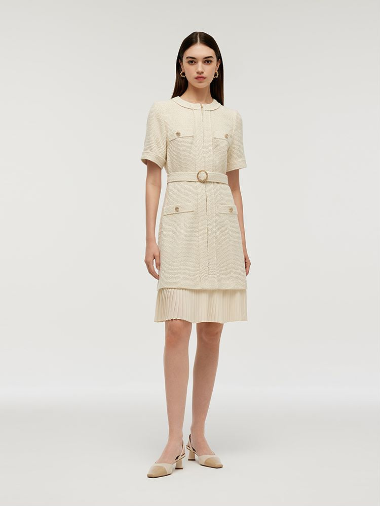 Wool Blend Tweed Women Mini Dress With Belt