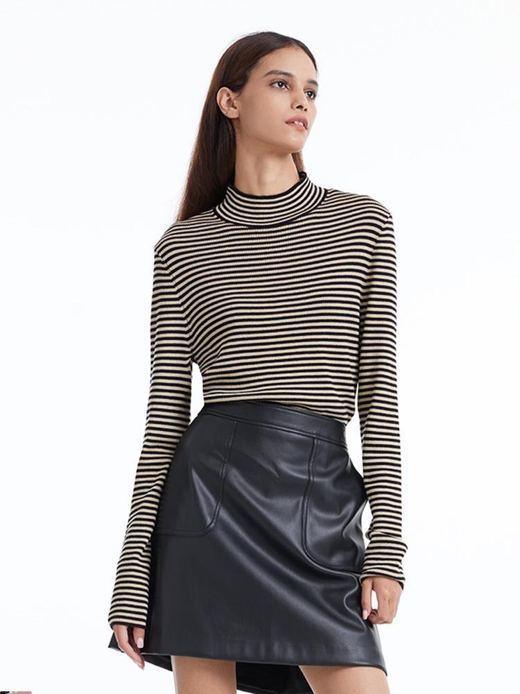 Woolen Stripe Mock Neck Women Sweater