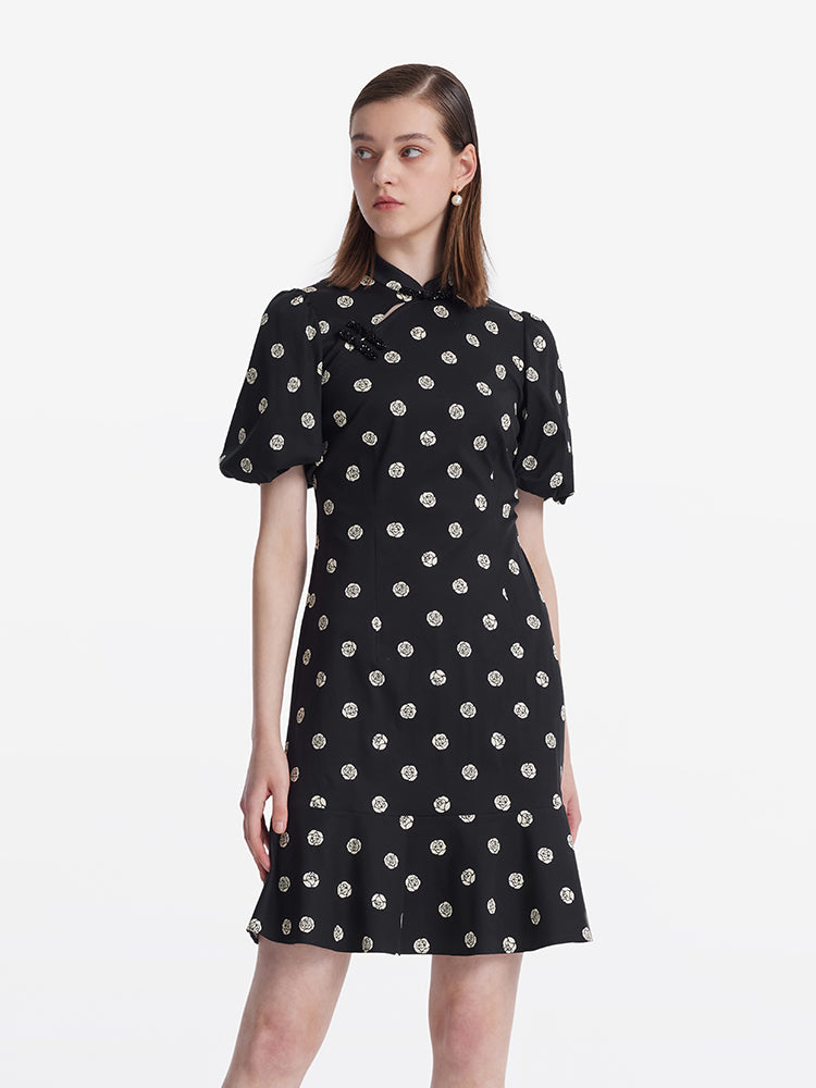 Rose Print Puff Sleeves Women Qipao Mini Dress