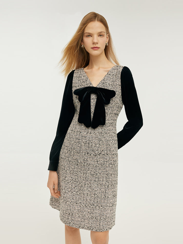 Wool Blend Patchwork Velvet Women Mini Dress With Detachable Bowknot