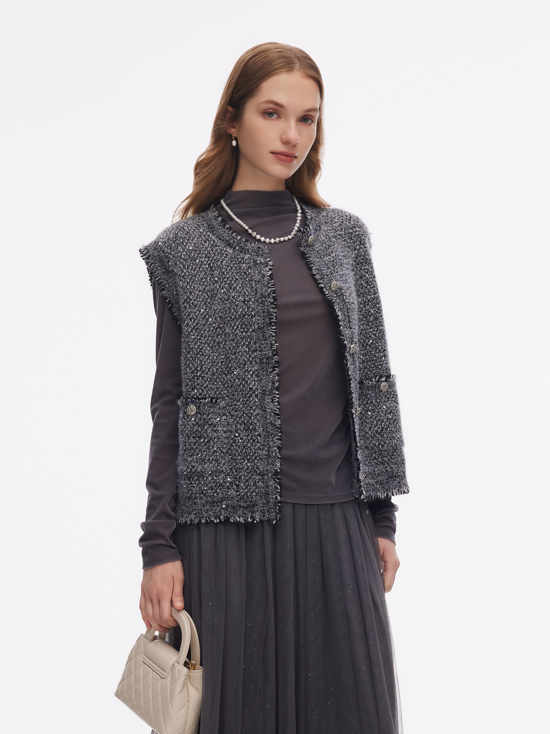 Frayed Trim Sequins Women Vest