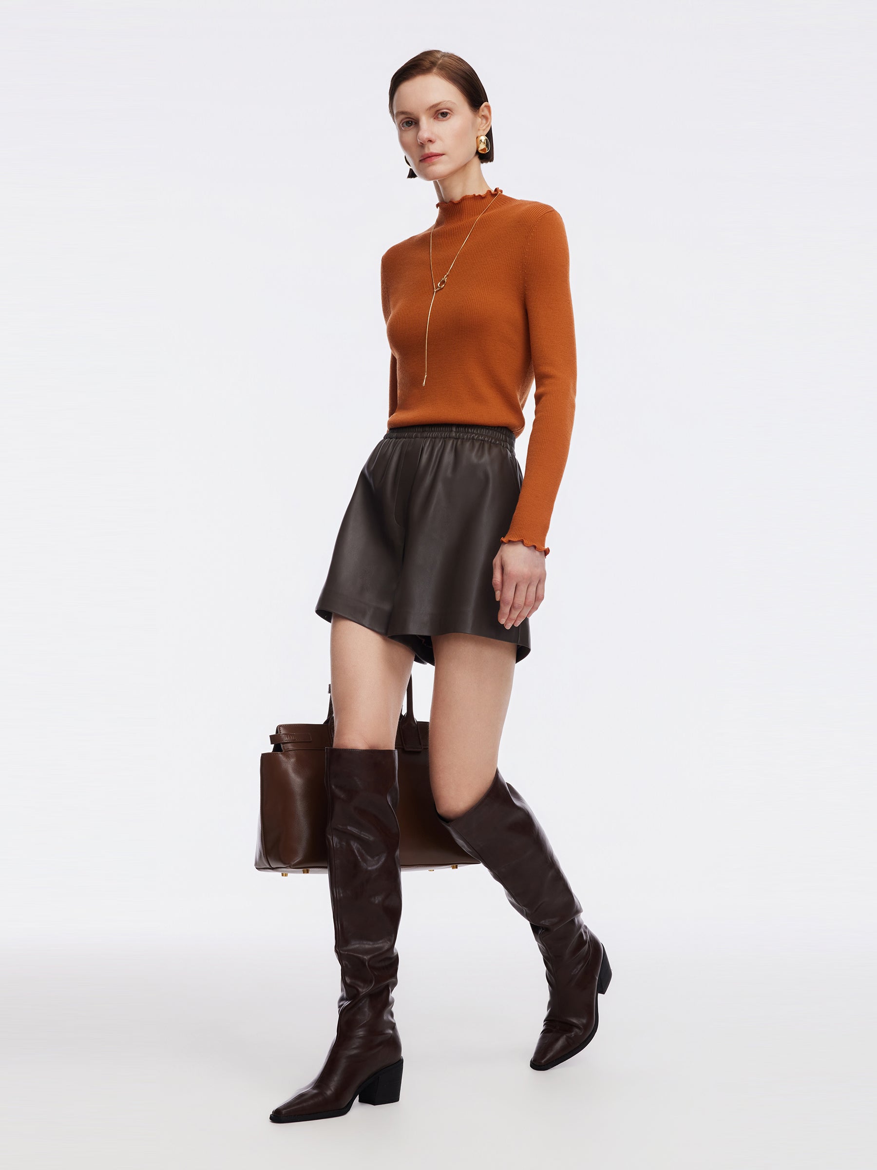 PU Leather Elastic Waist Women A-Line Shorts