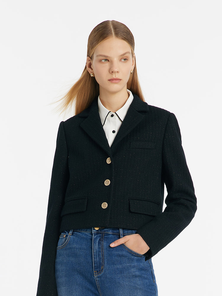 Vintage Single-Breasted V-Neck Women Crop Jacket