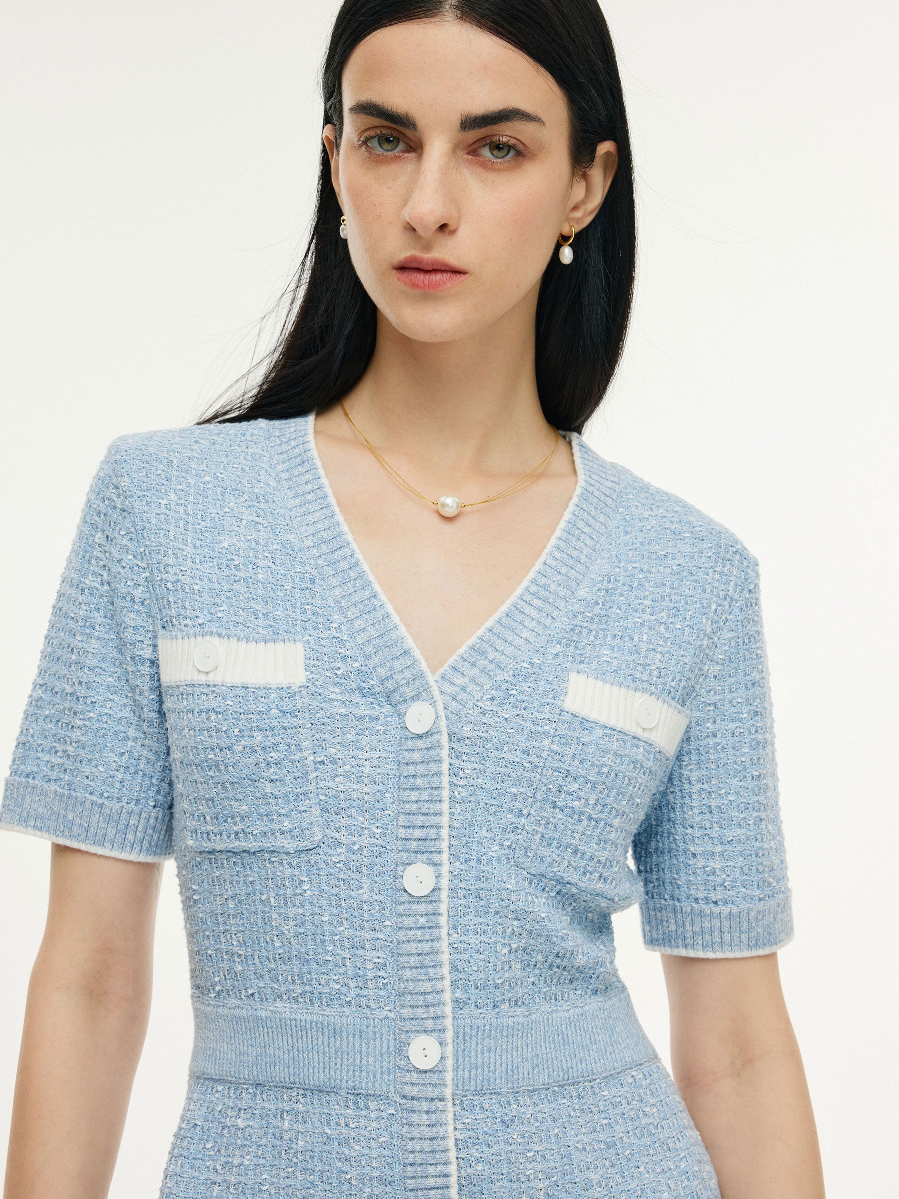 V-Neck Gathered Waist Women Knit Mini Dress