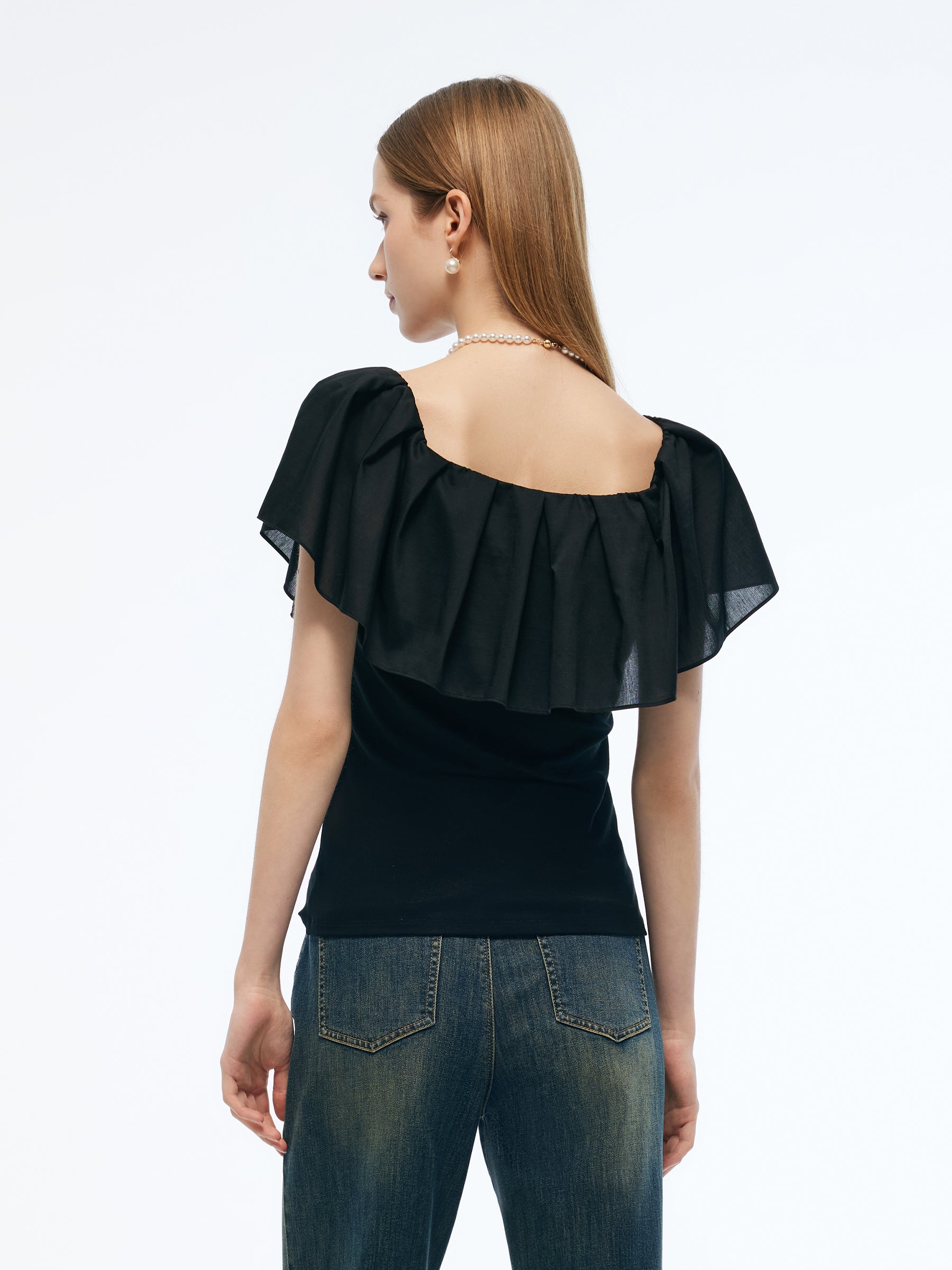 Tencel Blend Convertible Neckline Women Ruffled Top
