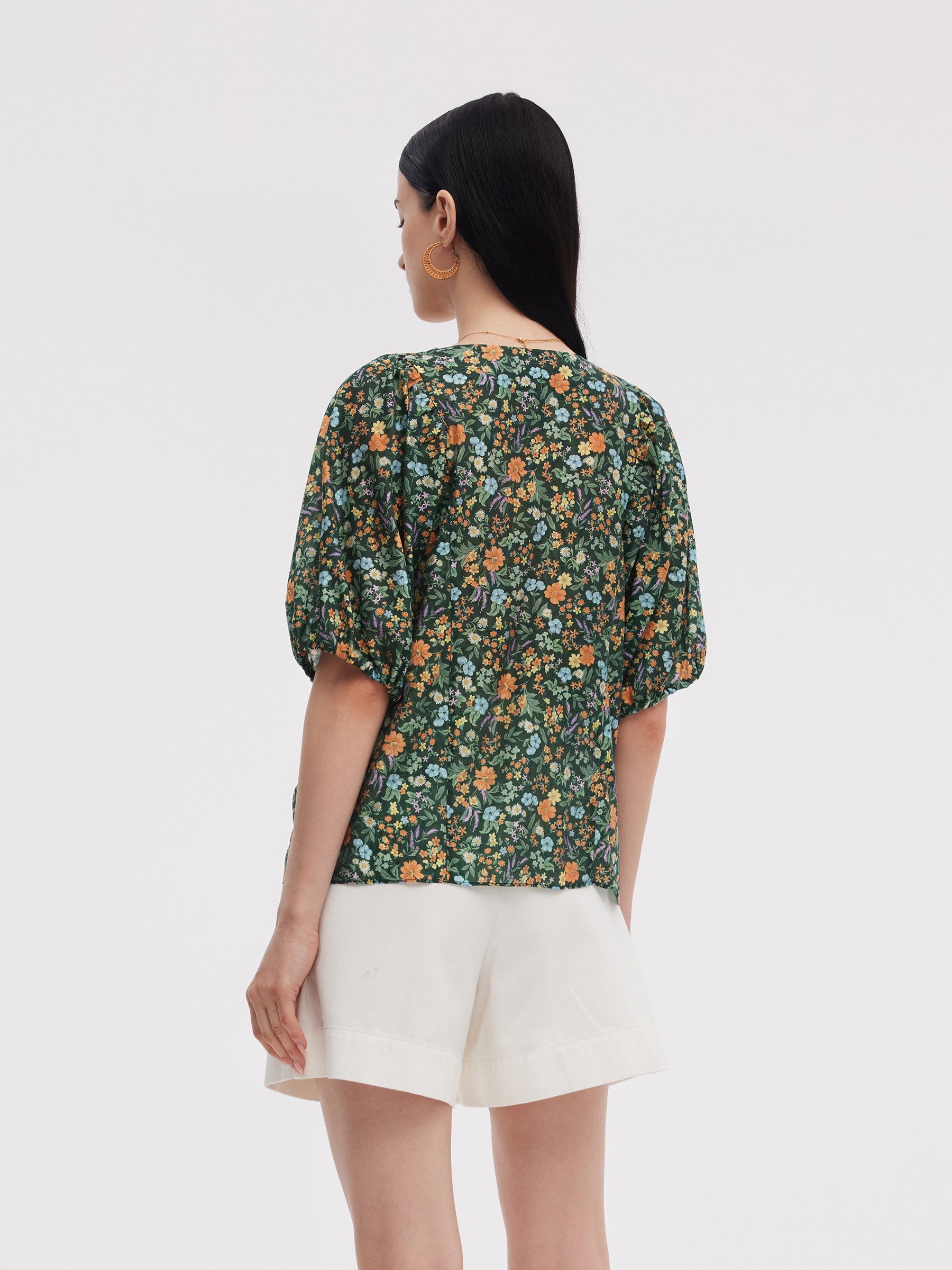 Tencel Blend Floral Print Women V-Neck Blouse