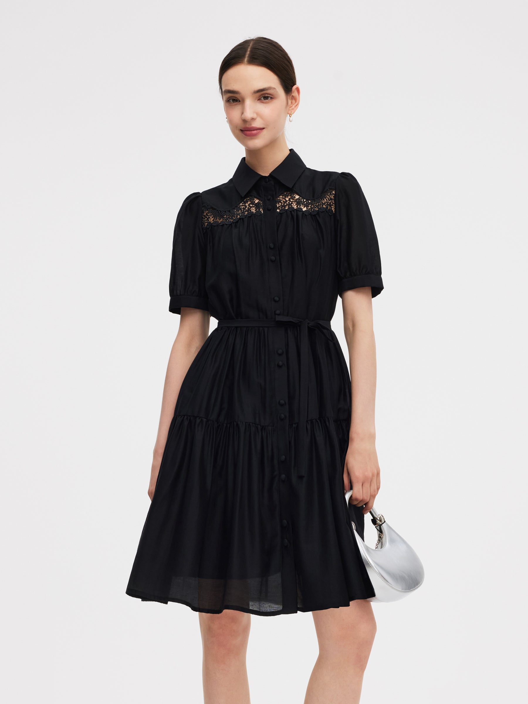 Tencel Blend Women Tiered Mini Dress With Ribbon