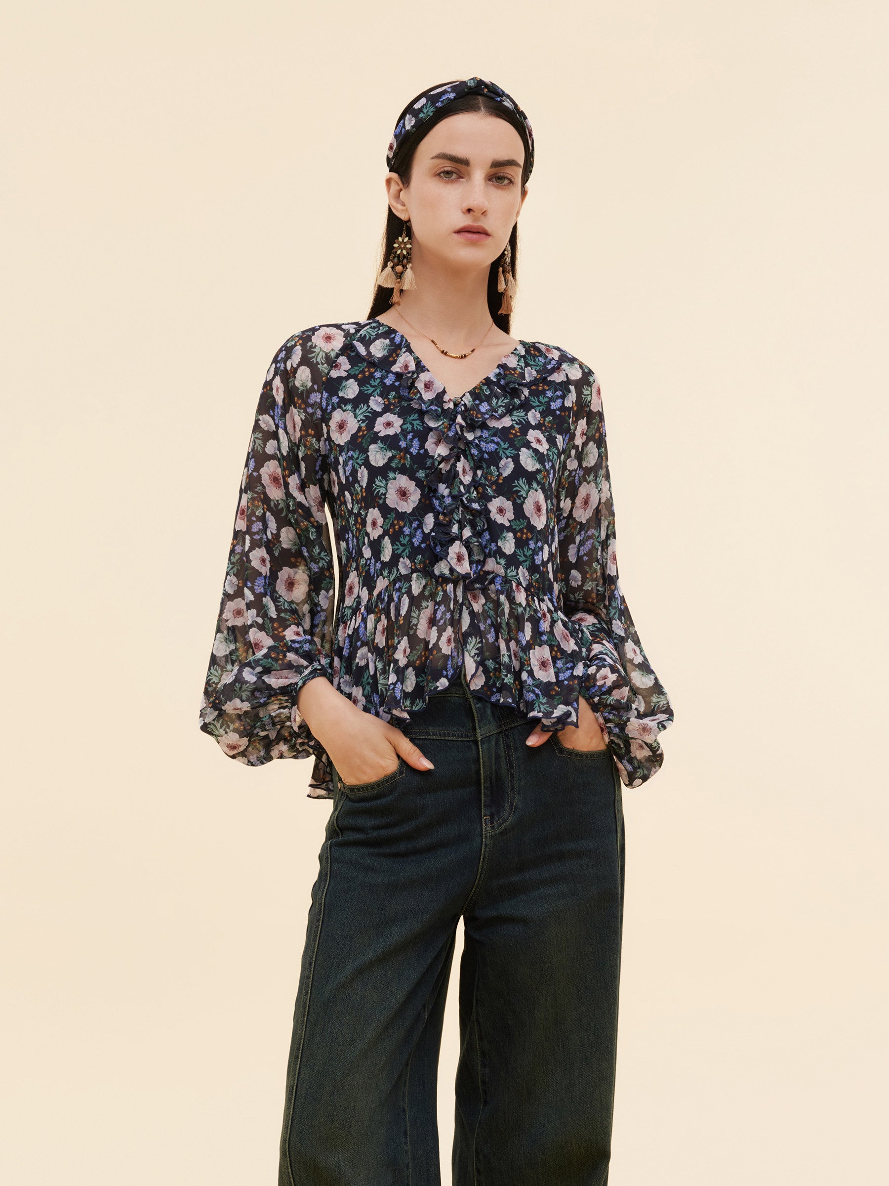 10MM Mulberry Silk Floral Print Women Ruffle V-Neck Blouse