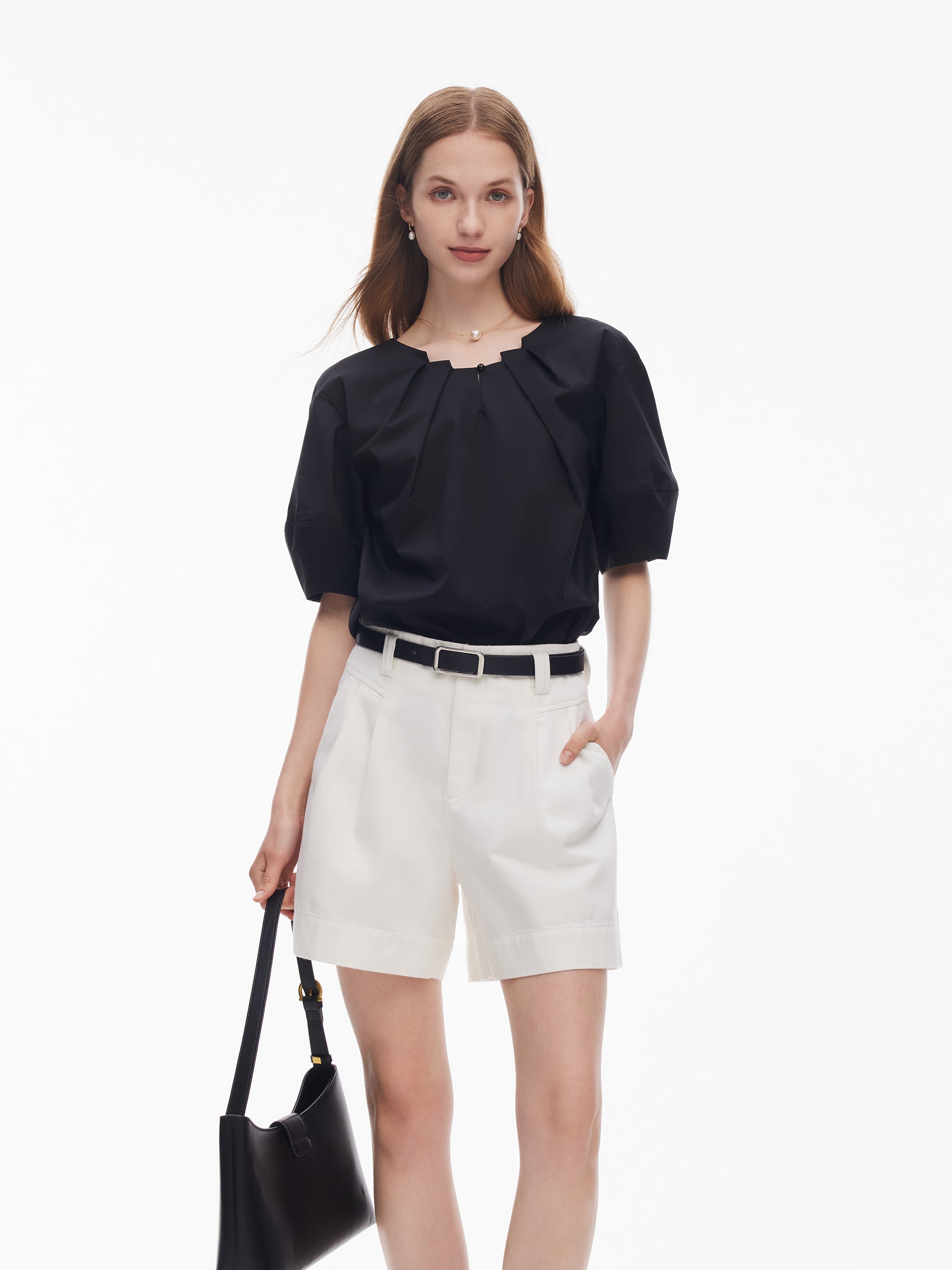 Pleated Neck Women Side Slit Top