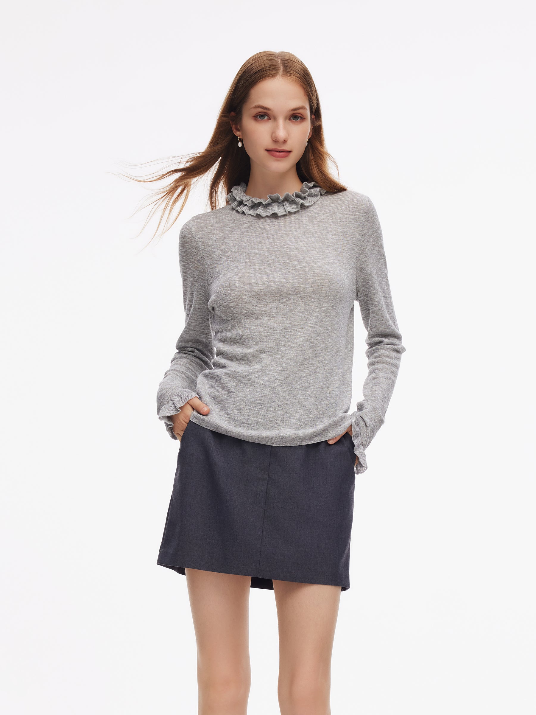 Ruffle Neckline Women Knit Top