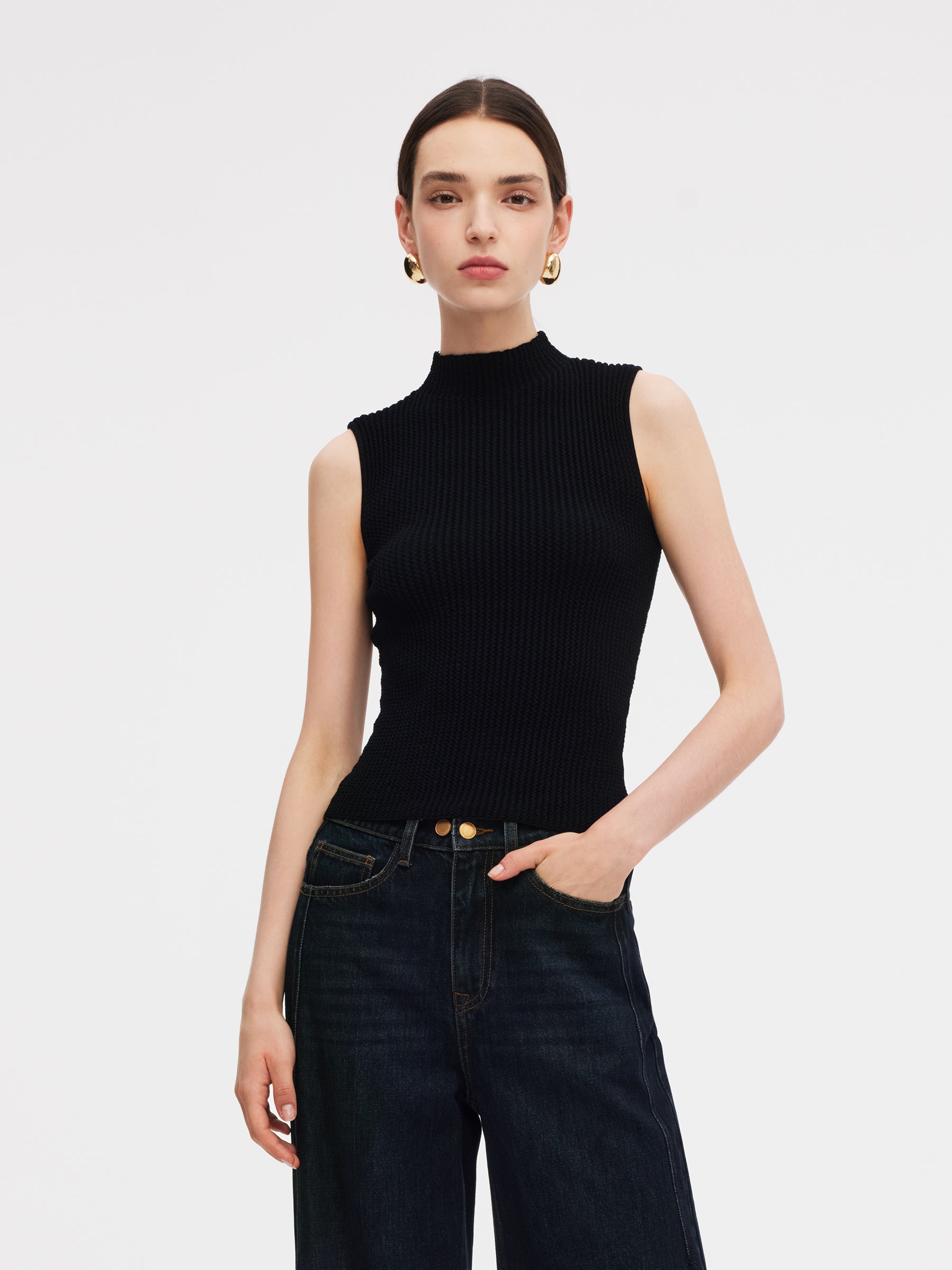 100% Machine Washable Wool Mock Neck Women Knit Tank Top