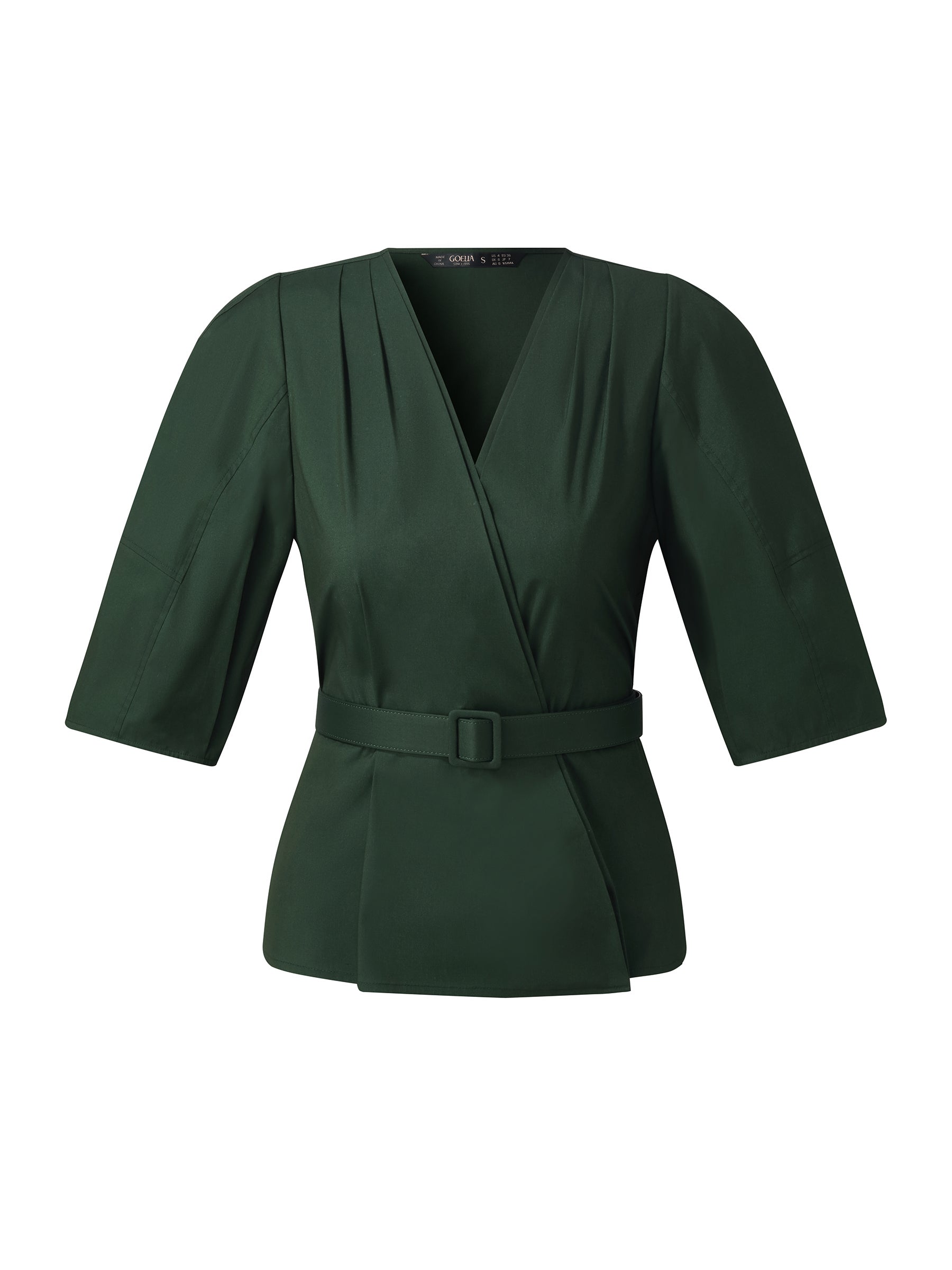 Dark Green V-Neck Women Blouse With Belt