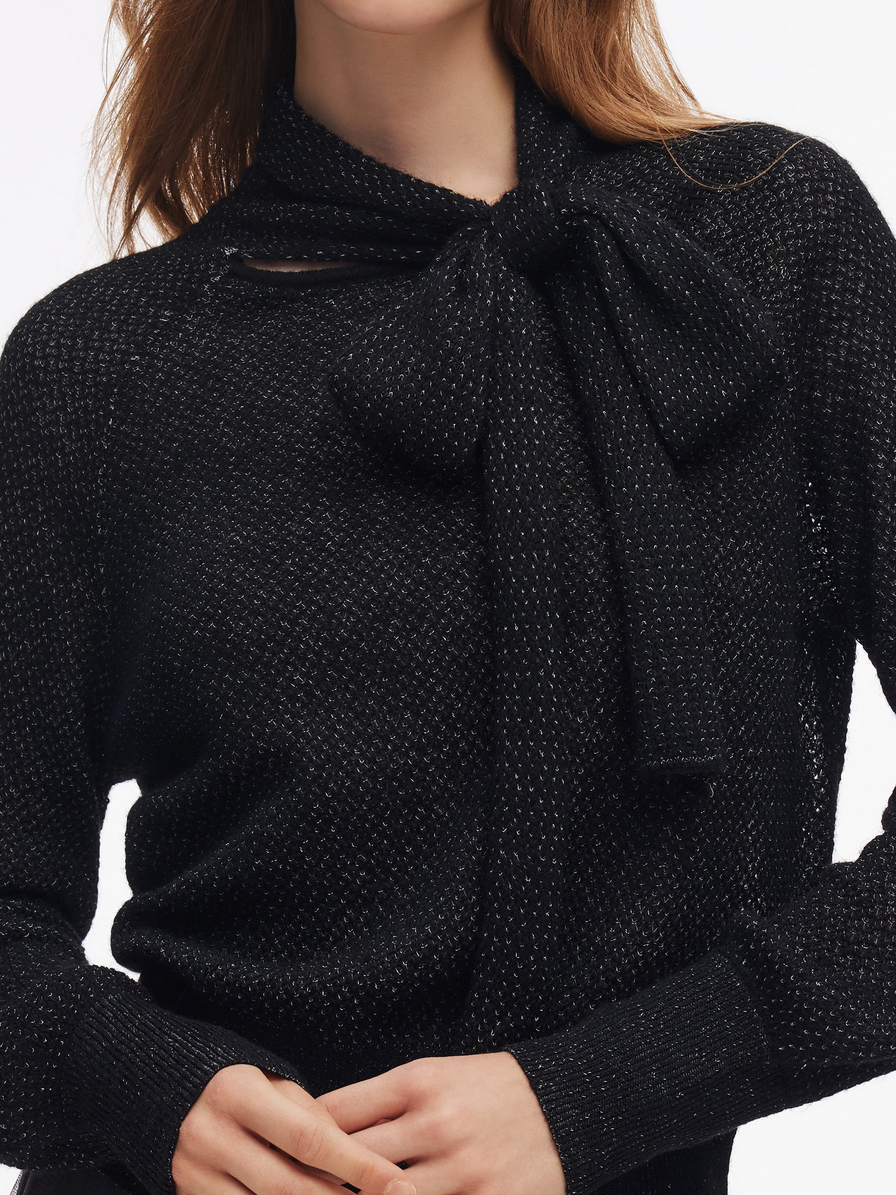 Tie Front Balloon Sleeve Women Knit Top