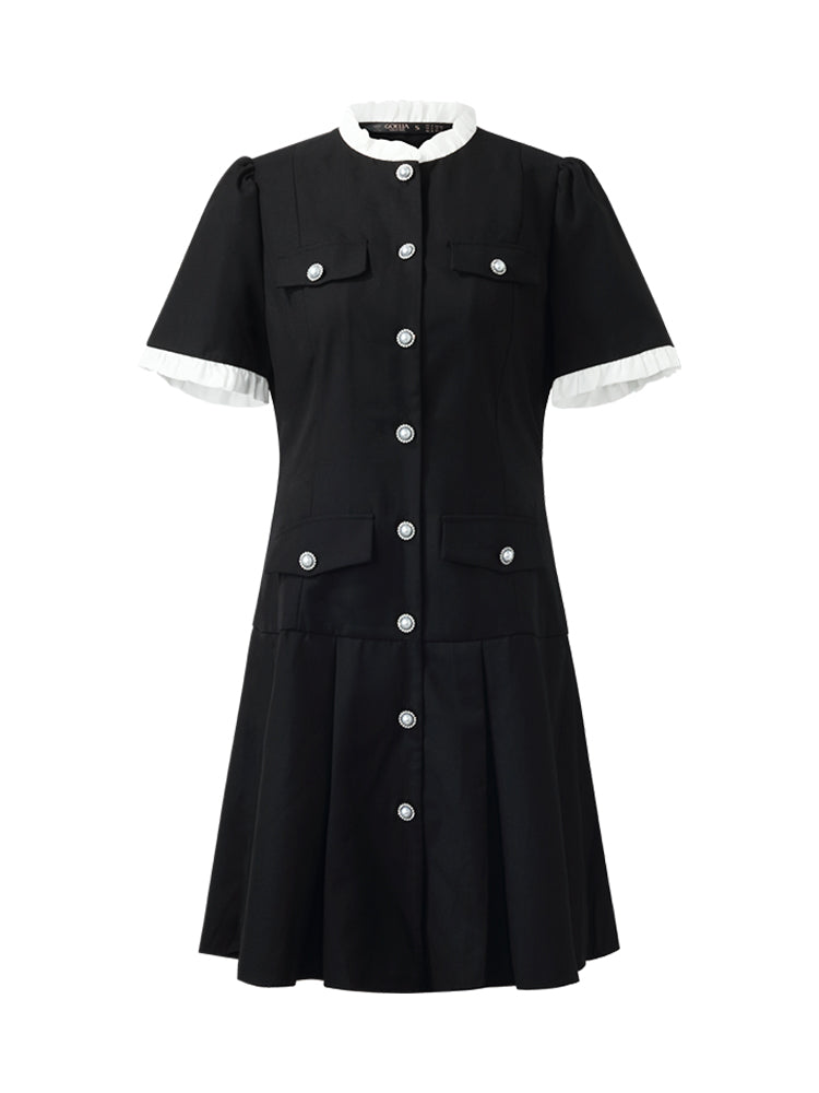 Ruffle Trim Pearl Buttons Women Mini Dress