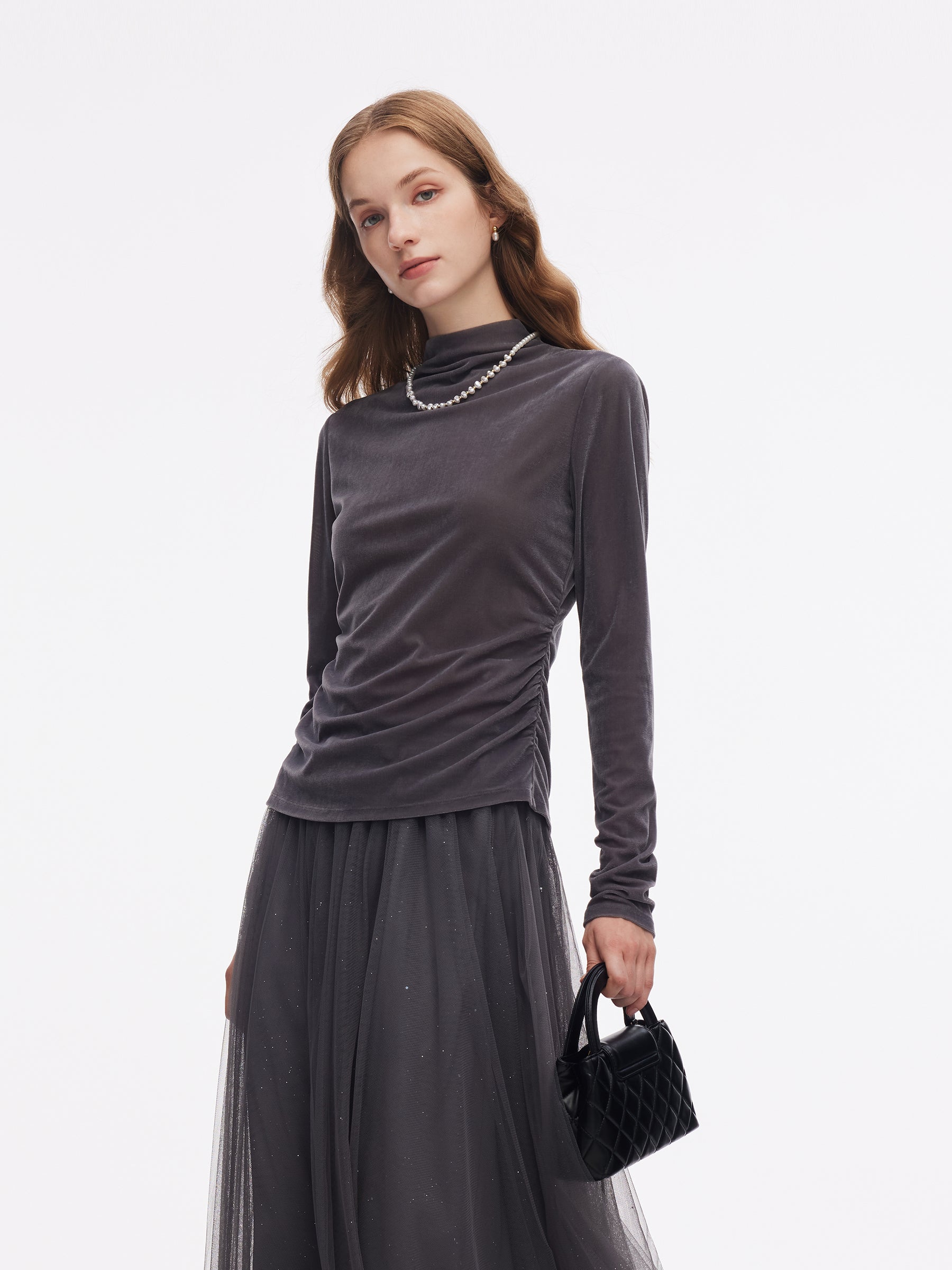 Velvet Stretch Women Mock Neck Top