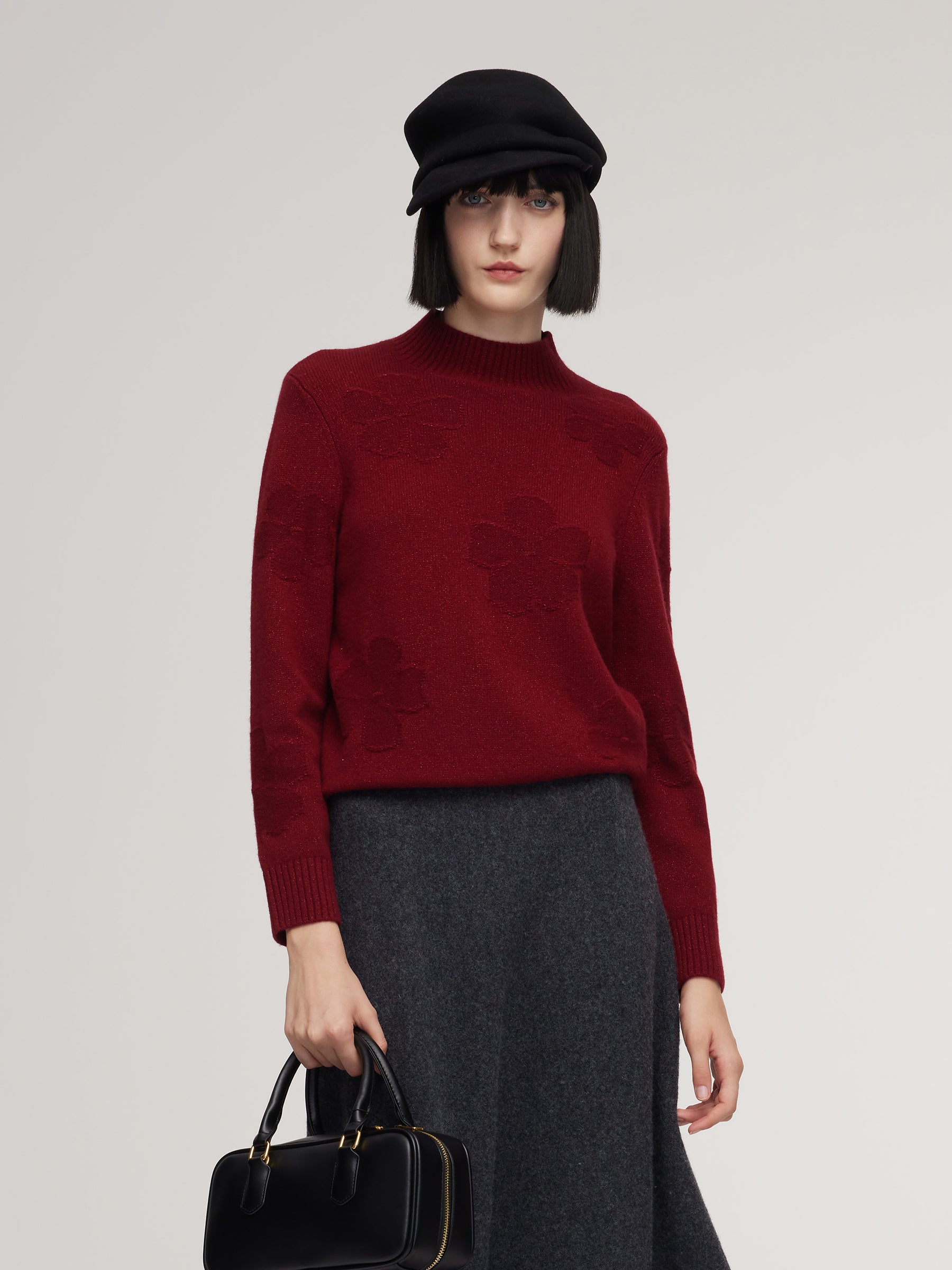 Wool Jacquard Mock Neck Women Knit Top