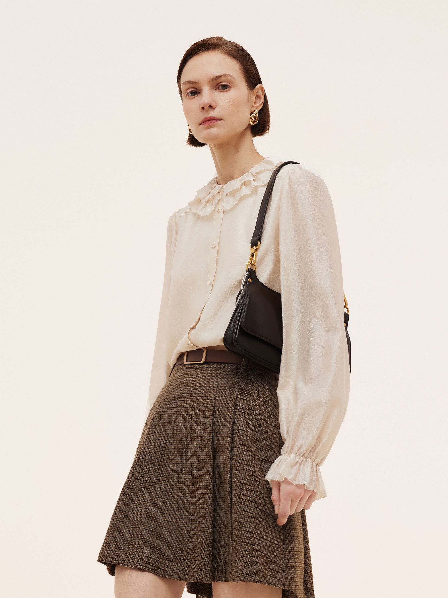 Acetate Modal Blend Ruffle Neckline Women Shirt