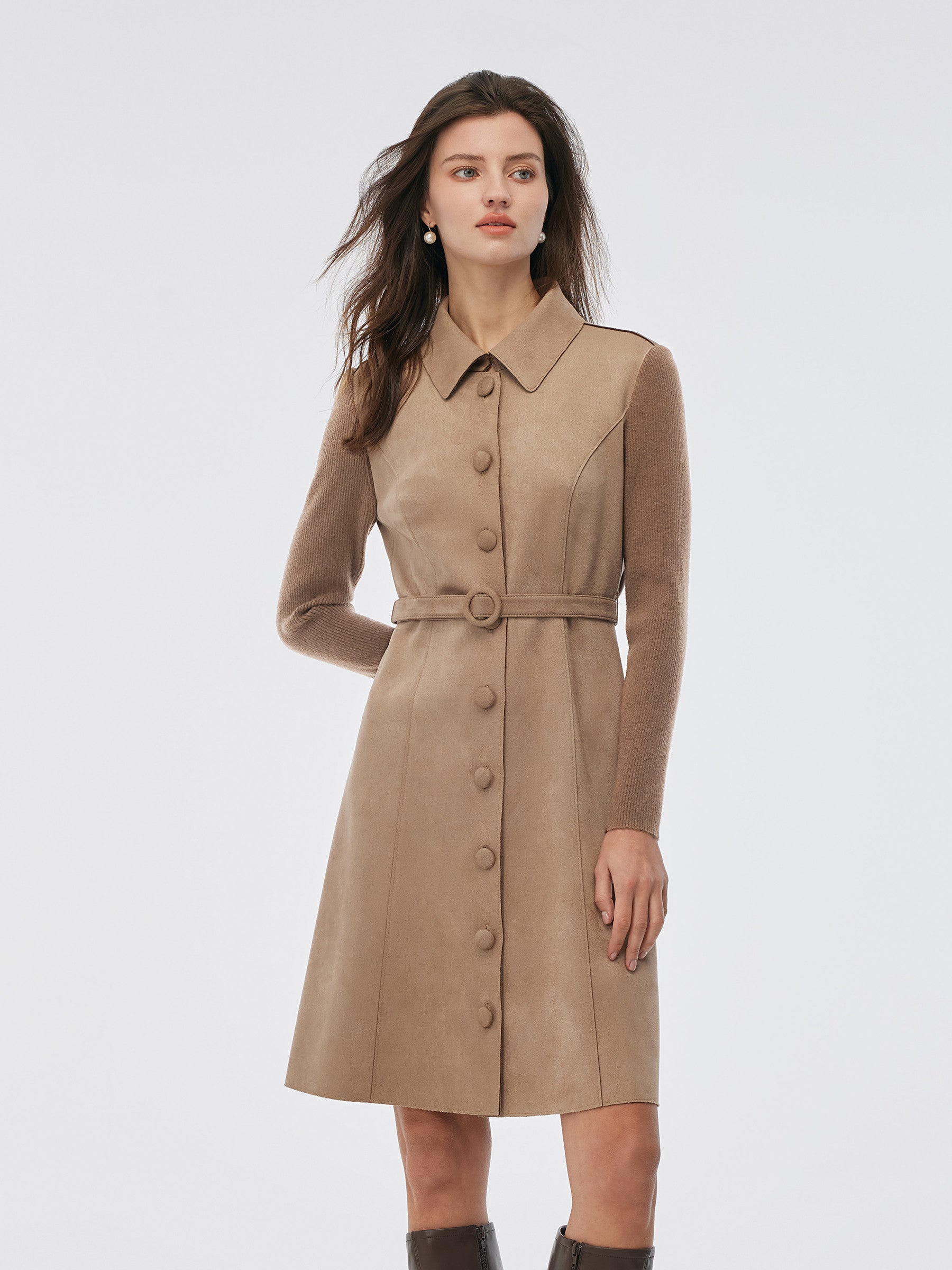 Faux Suede Patchwork Mini Dress With Detachable Short Cape And Belt