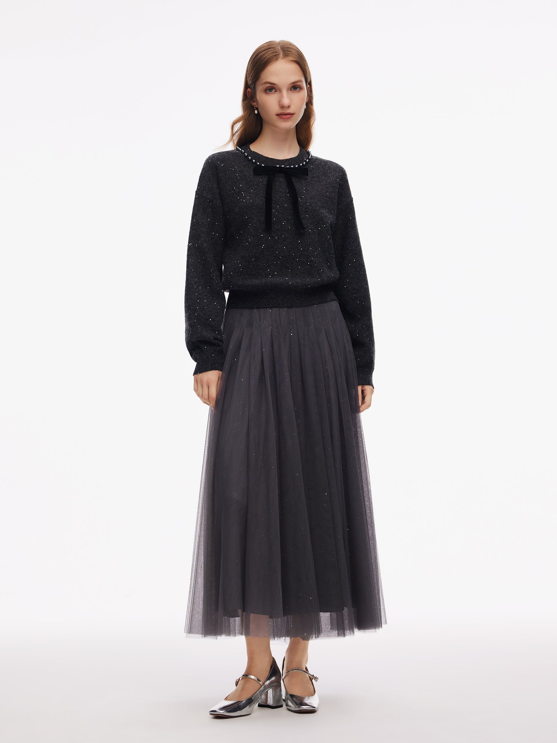 Sequins Beaded Round Neck Women Knit Top