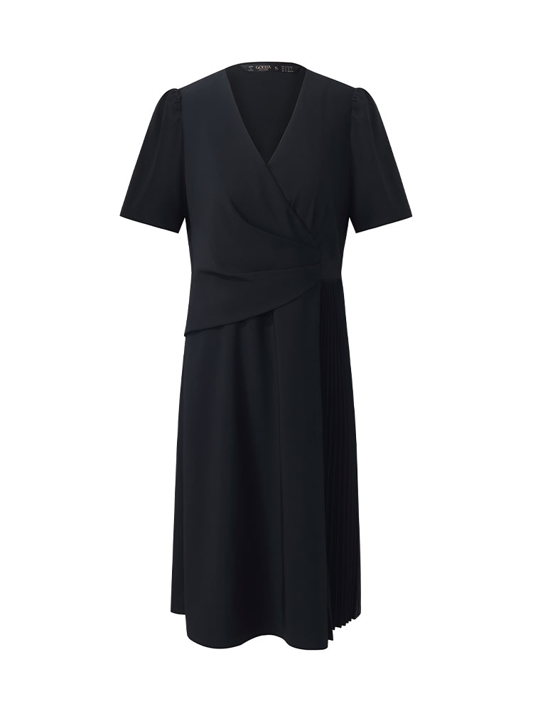 V-Neck Patchwork Pleated Women Mini Dress