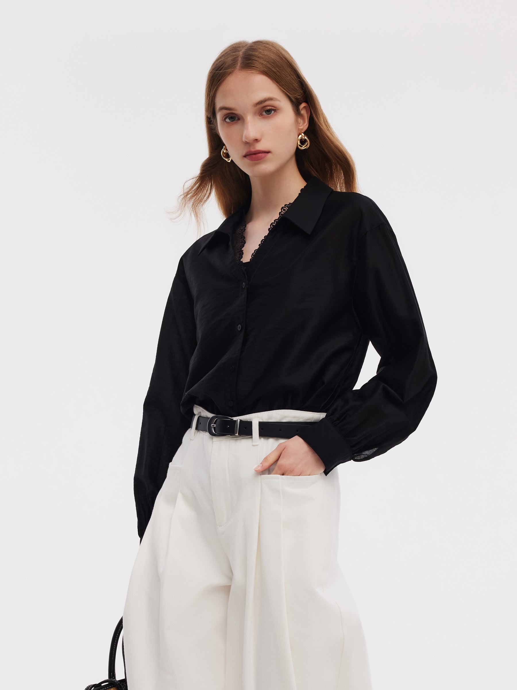 Tencel Blend Lace V-Neck Women Mock Layered Shirt