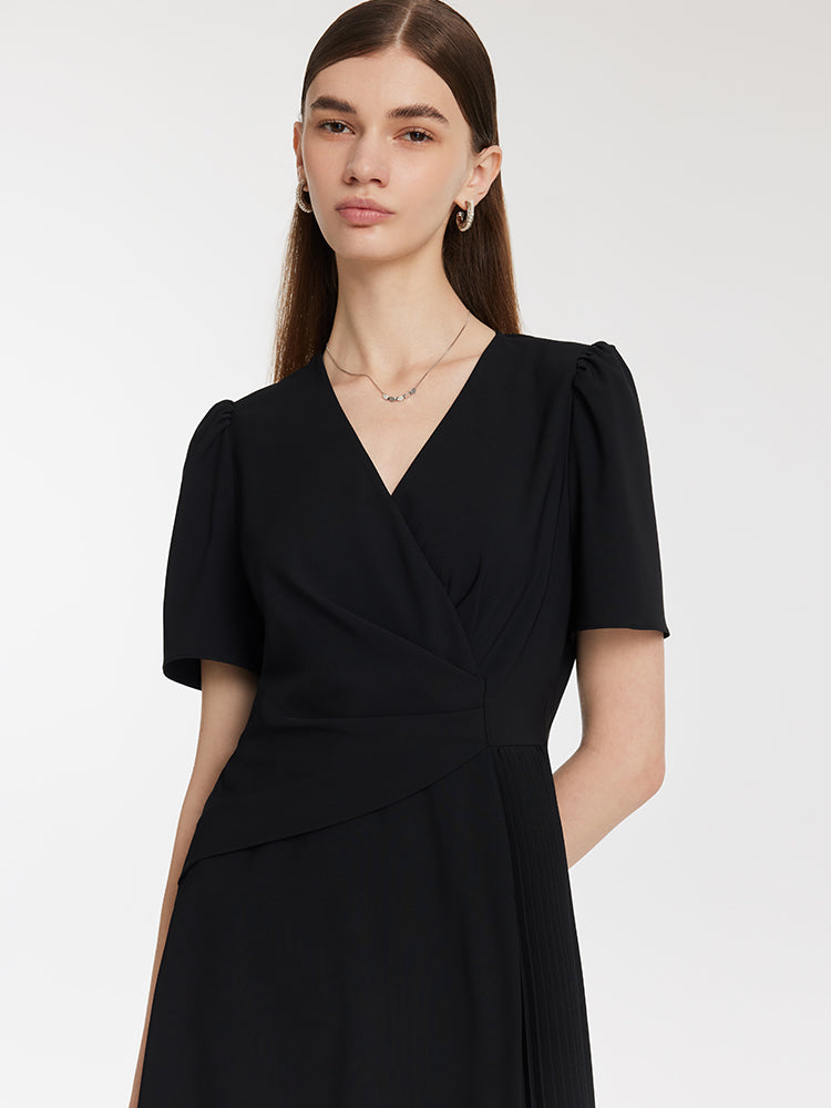 V-Neck Patchwork Pleated Women Mini Dress