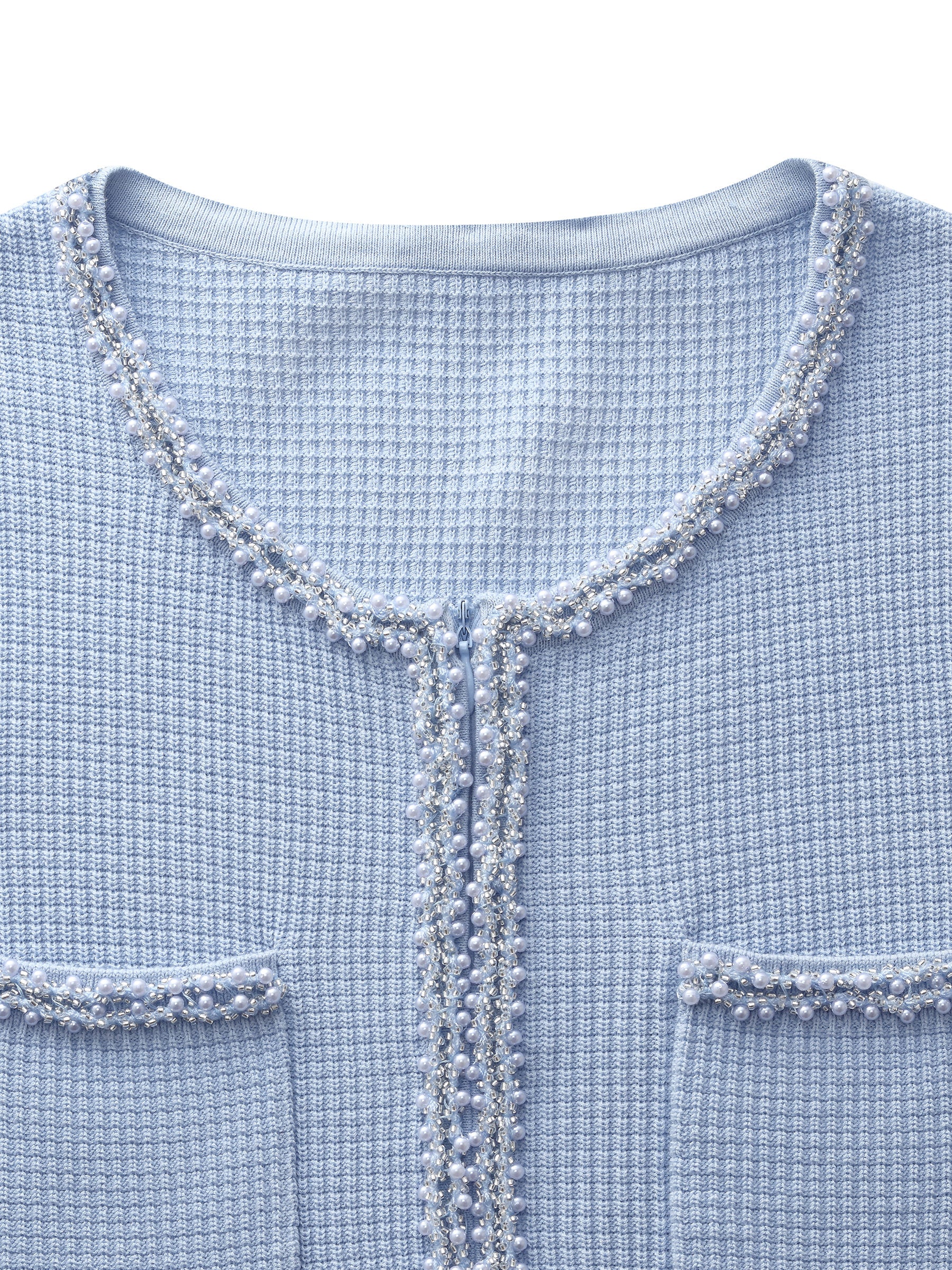 100% Cotton Half-Zip Women Beaded Round Neck Mini Dress