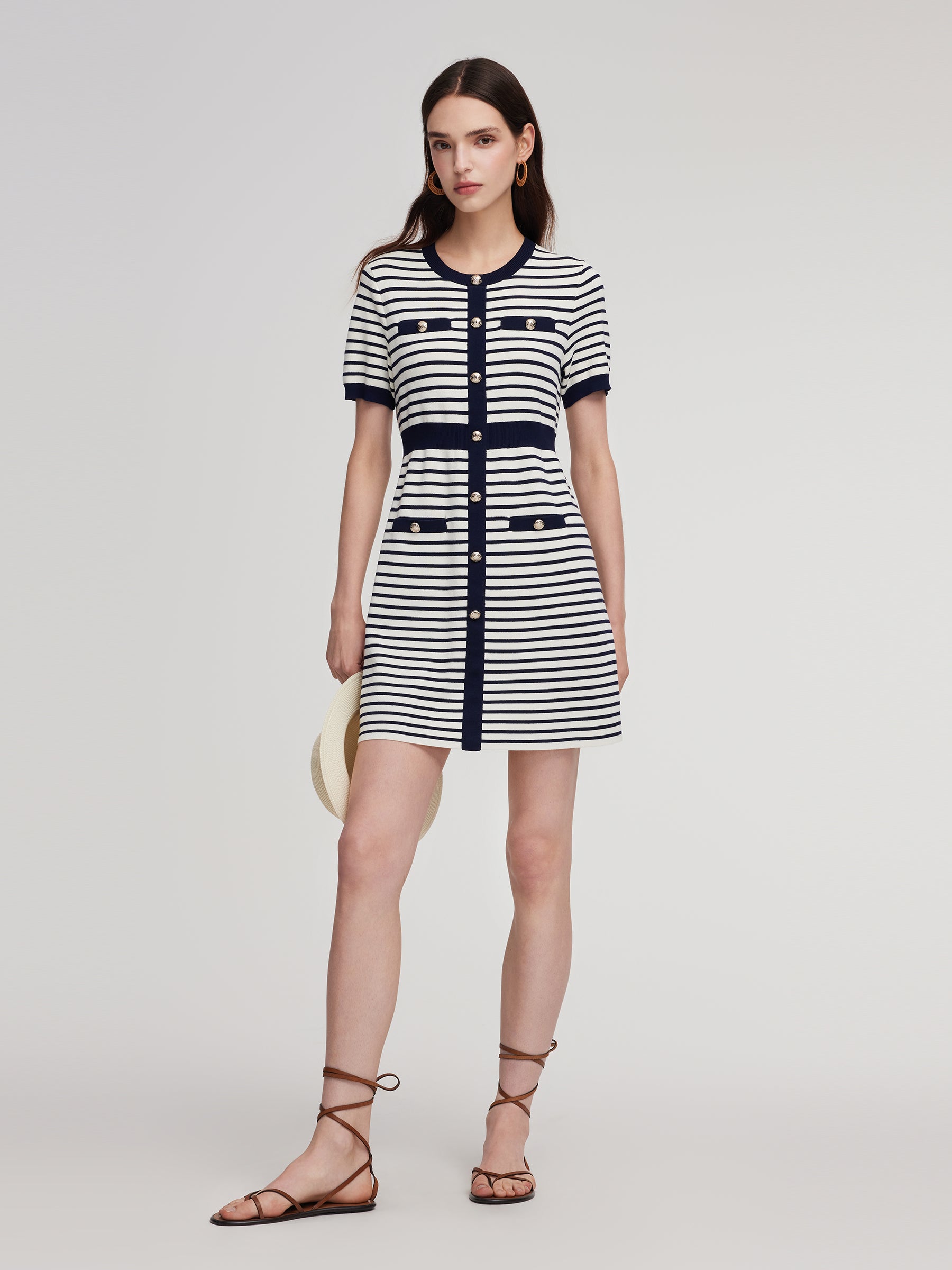 Lyocell Blend Stripe Gathered Waist Women Knit Mini Dress