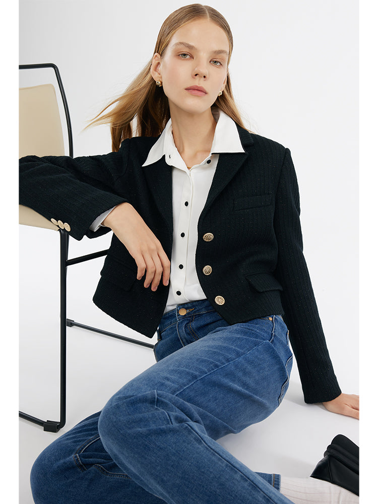Vintage Single-Breasted V-Neck Women Crop Jacket